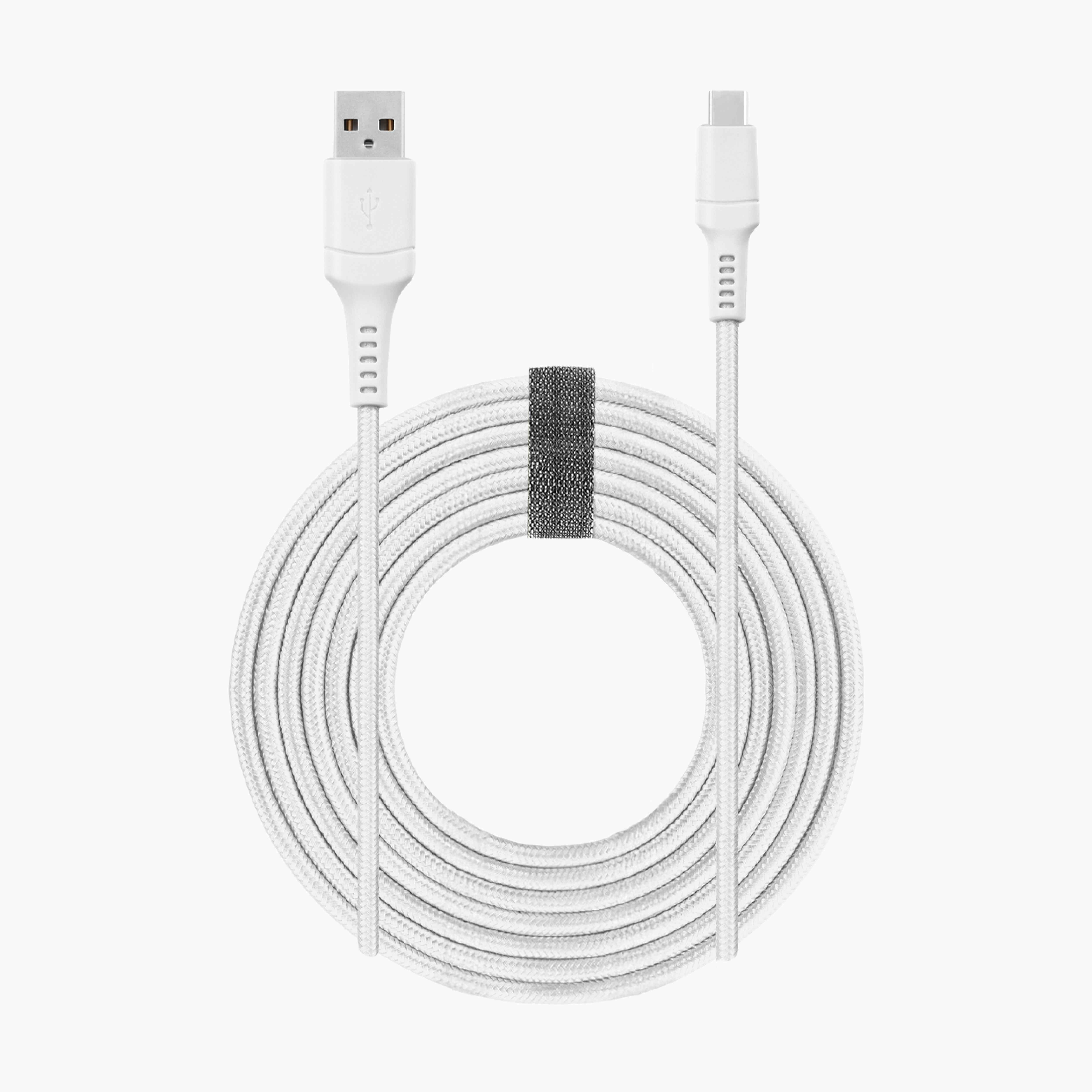 10ft white braided USB-C charging cable with USB-A to USB-C connection, durable woven exterior, and cable management strap for fast charging and syncing