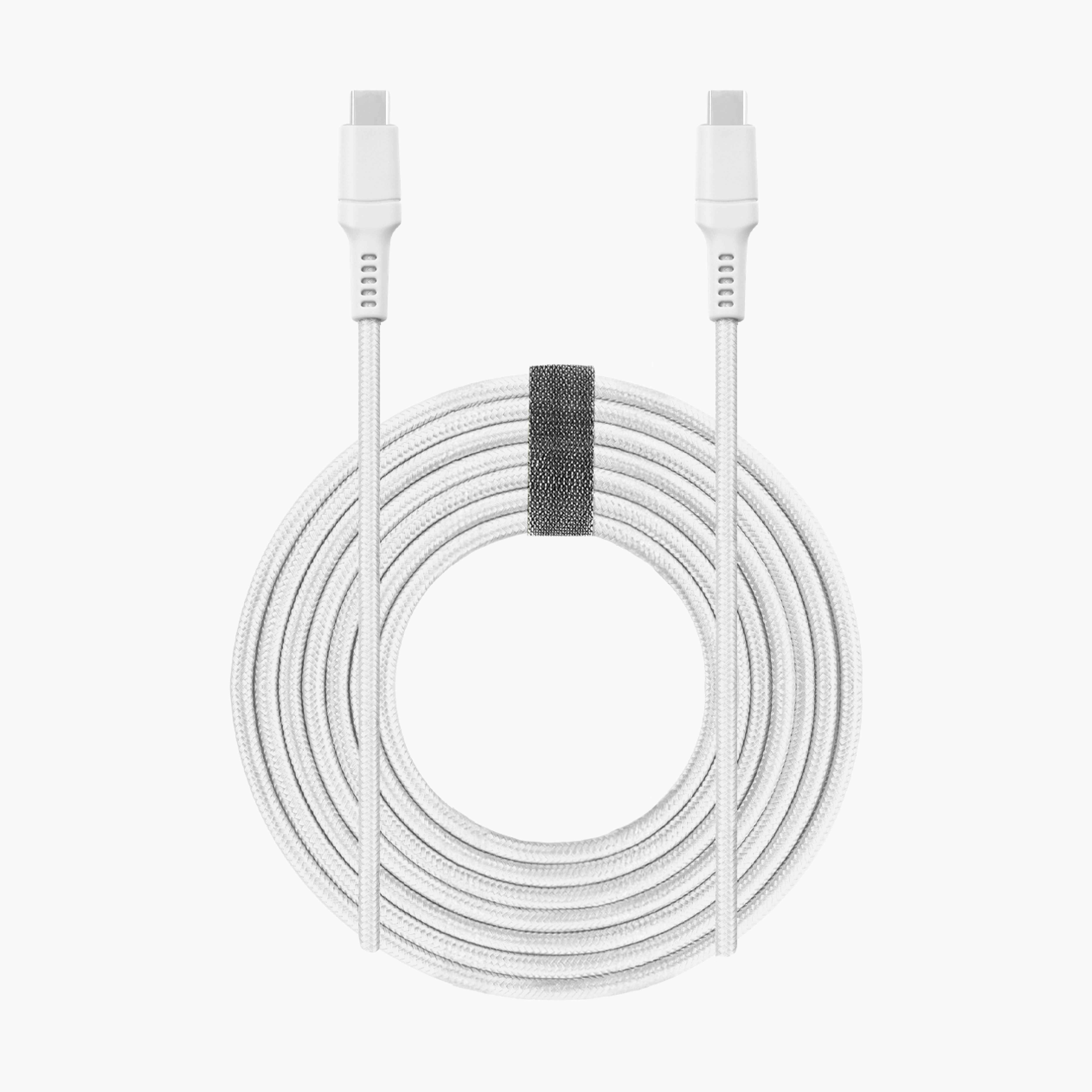 White braided USB-C charging cable with durable woven design, USB-C to USB-C connection, and cable management strap for fast charging and data transfer