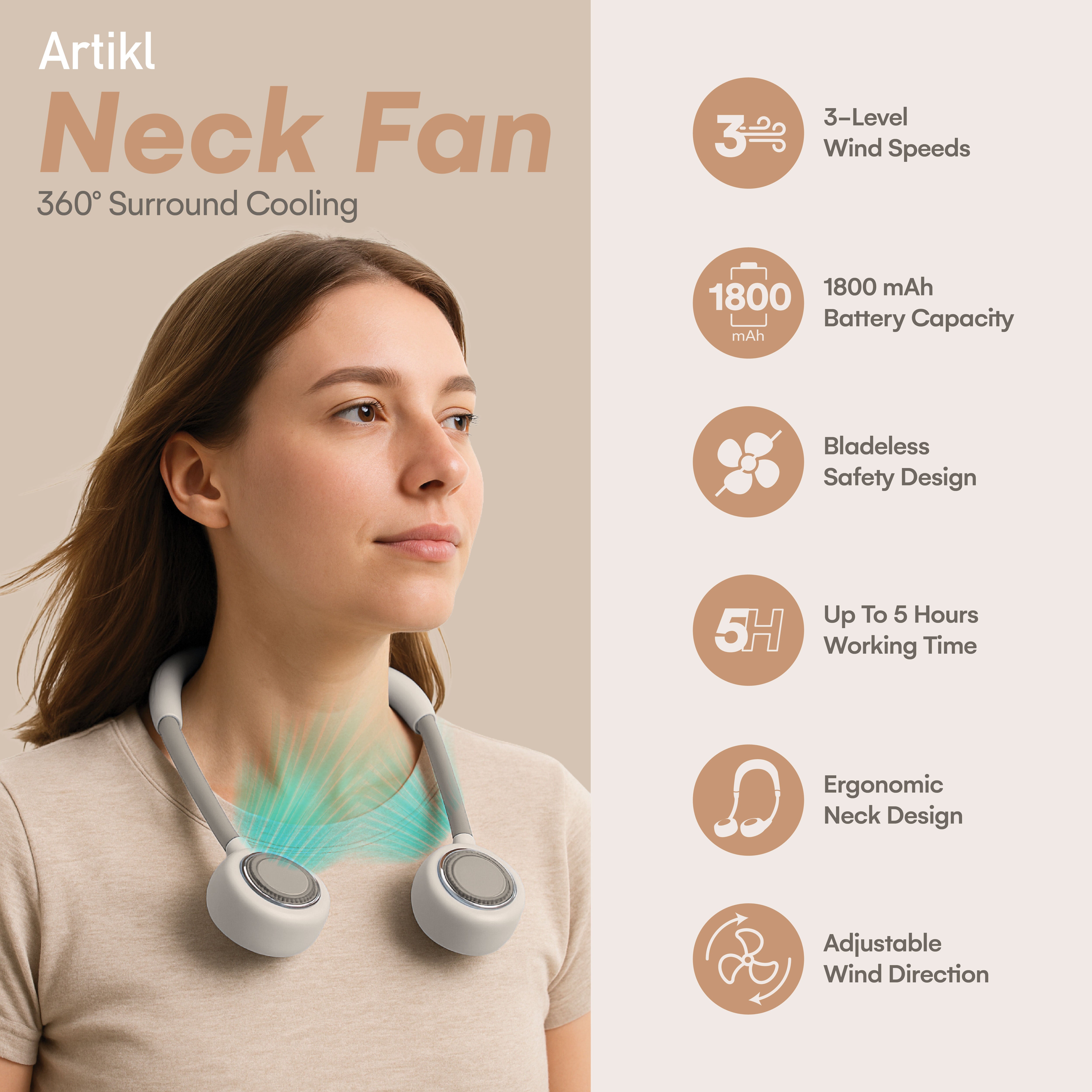 Artikl Neck Fan feature guide featuring 3 level wind speeds, 1800 mAh battery capacity, bladeless safety design, up to 5 hours working time, ergonomic neck design, and adjustable wind direction