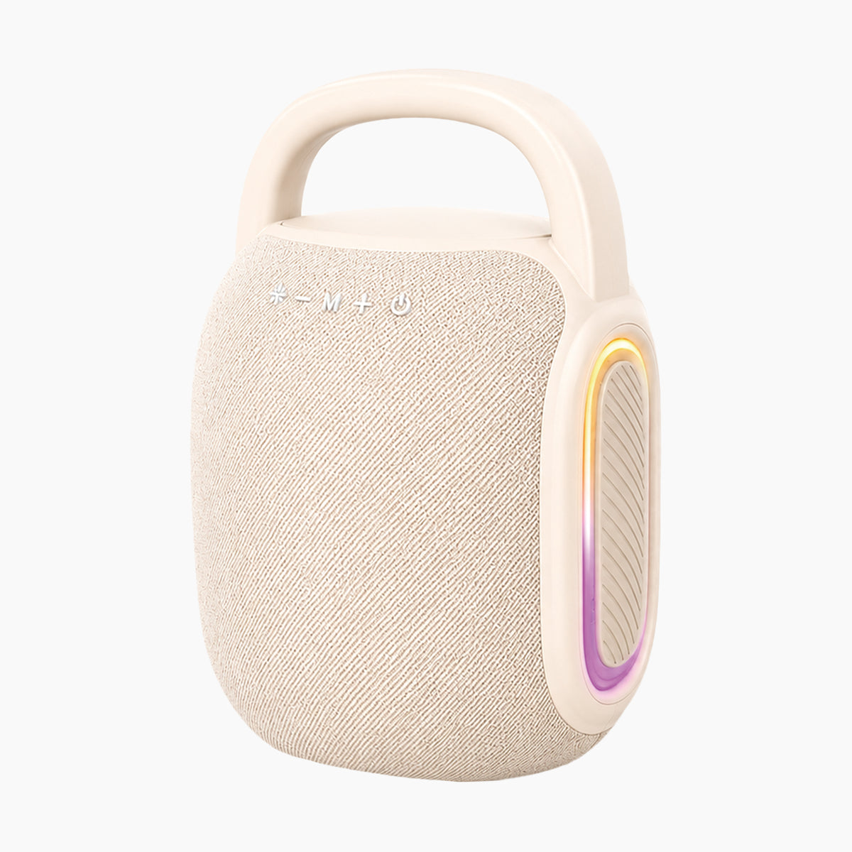 Artikl Portable Bluetooth Karaoke Machine with 2 Wireless Mics & Mic Storage in Beige, angled view showing the compact speaker and carry handle