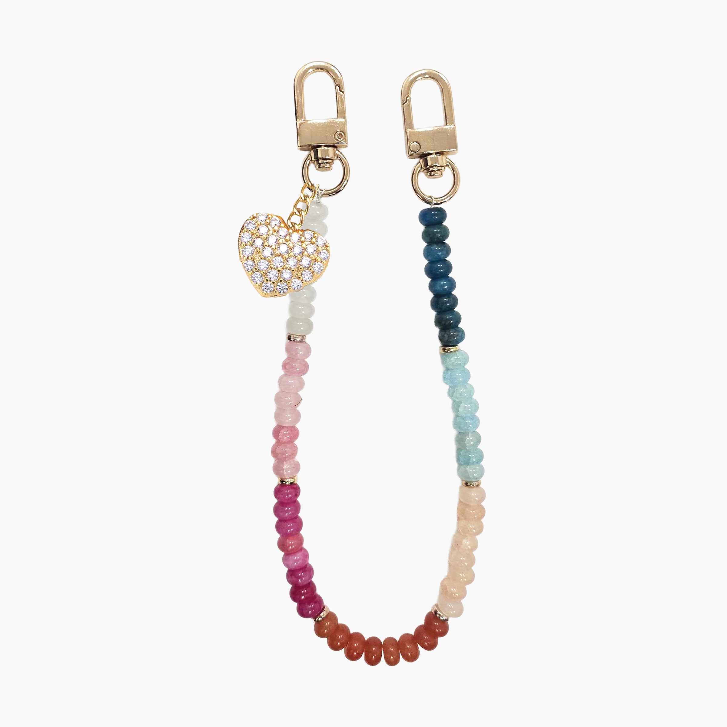 Colorful Beaded Phone Charm Strap Featuring Gradient Rainbow Beads, Gold Heart Pendant, and Detachable Lobster Clasps for Phones, Bags, Keychains, and Accessories
