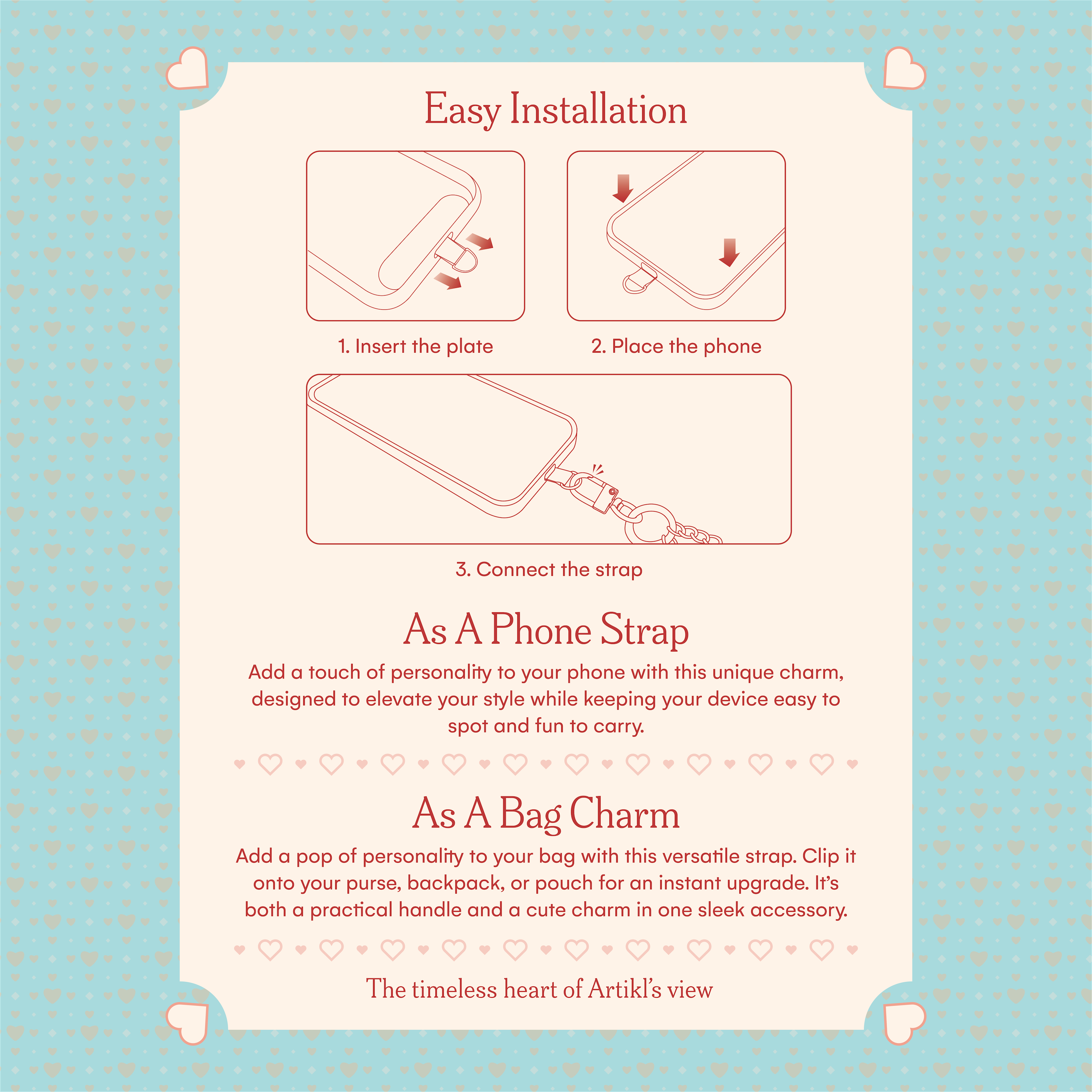 Phone charm installation guide showing how to attach a beaded phone charm to a phone case, plus styling ideas as a phone wristlet and handbag charm
