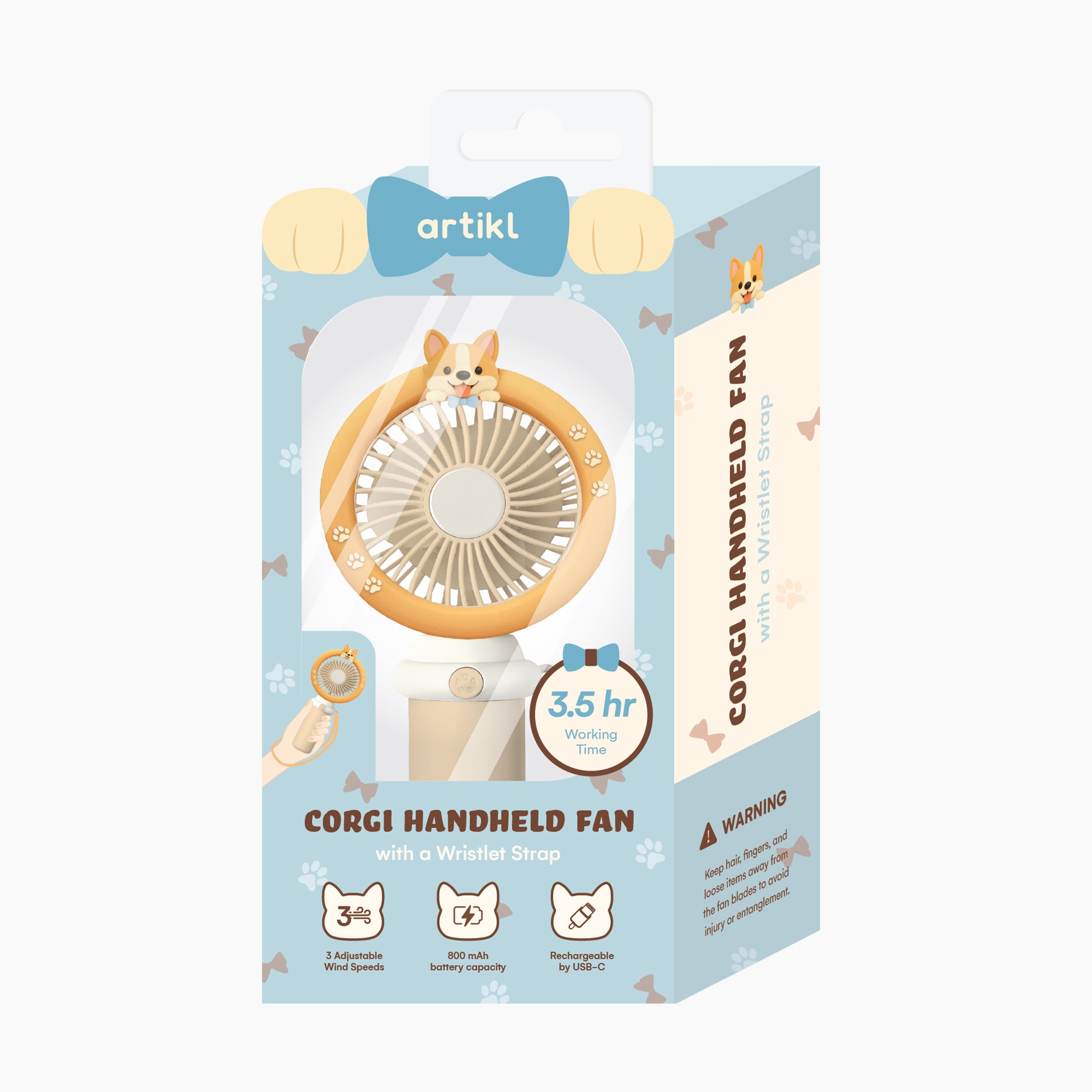 Corgi Handheld Fan with Wristlet Strap packaging featuring 3.5 hour working time, 3 adjustable wind speeds, 800 mAh battery capacity, and USB-C rechargeable