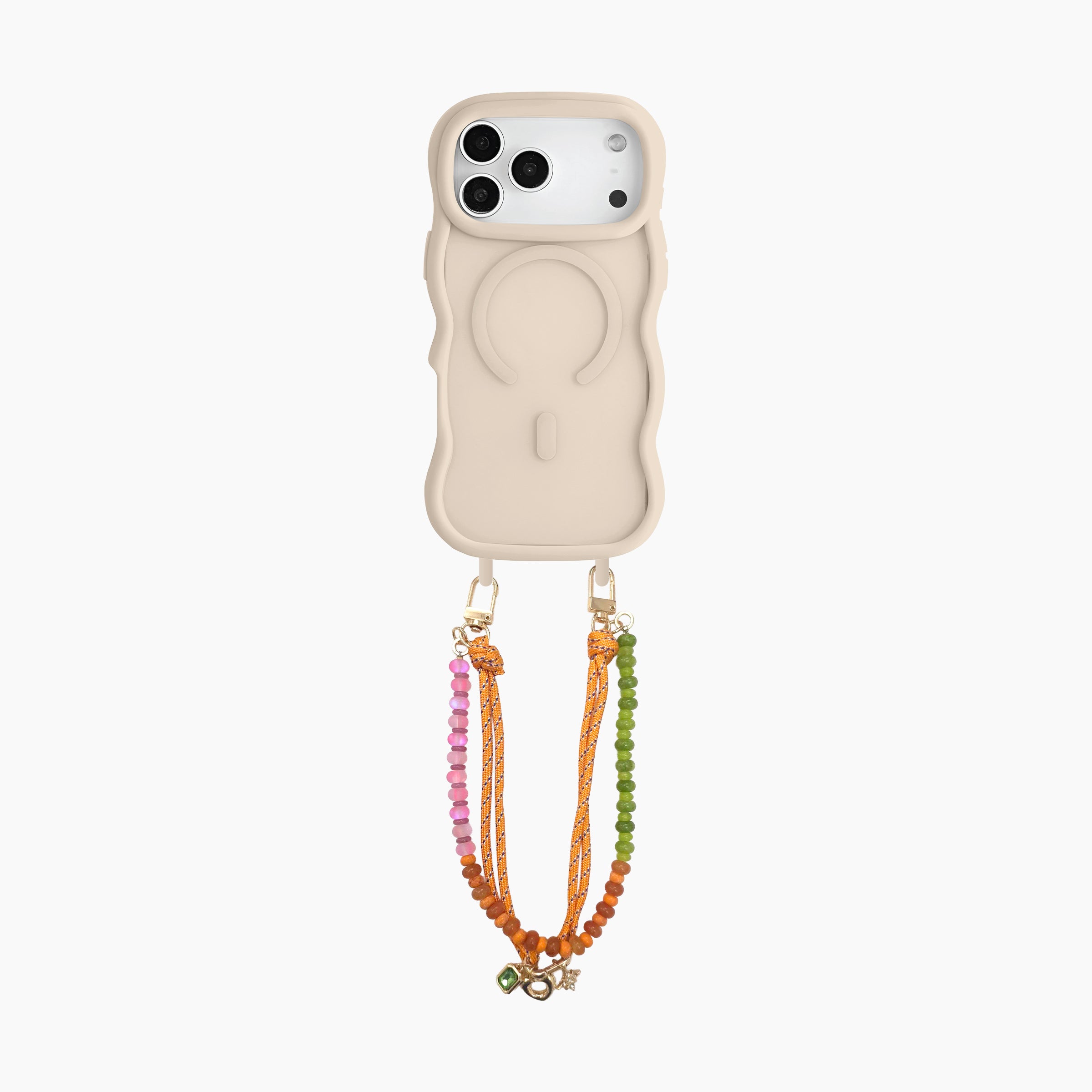 Phone case with a colorful beaded strap on a white background