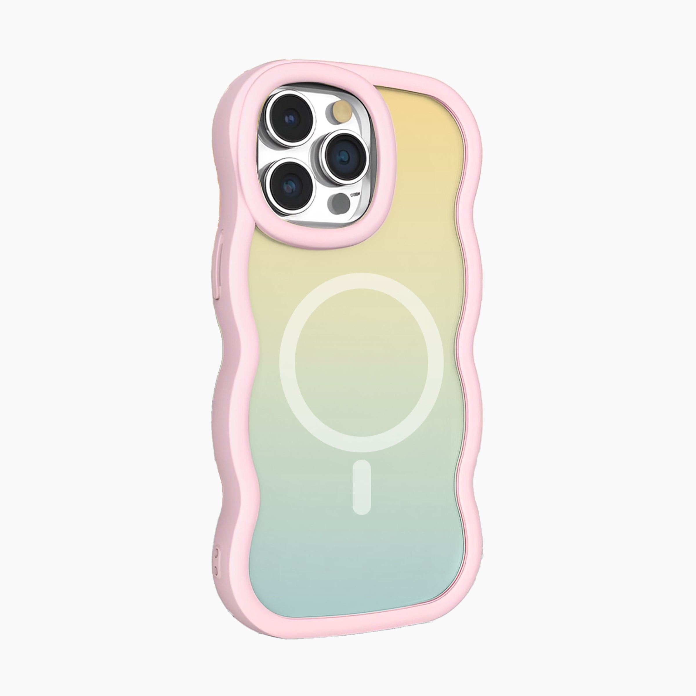 Gradient bpnklue and yellow wavy MagSafe compatible case for iPhone 15 Pro Max with bumper frame design