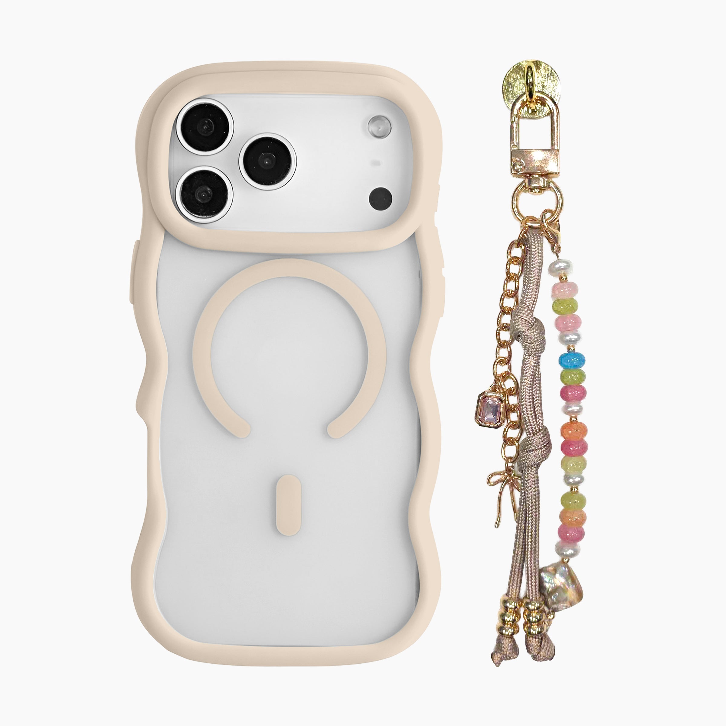Beige wavy MagSafe phone case with colorful beaded charm strap and gold chain details