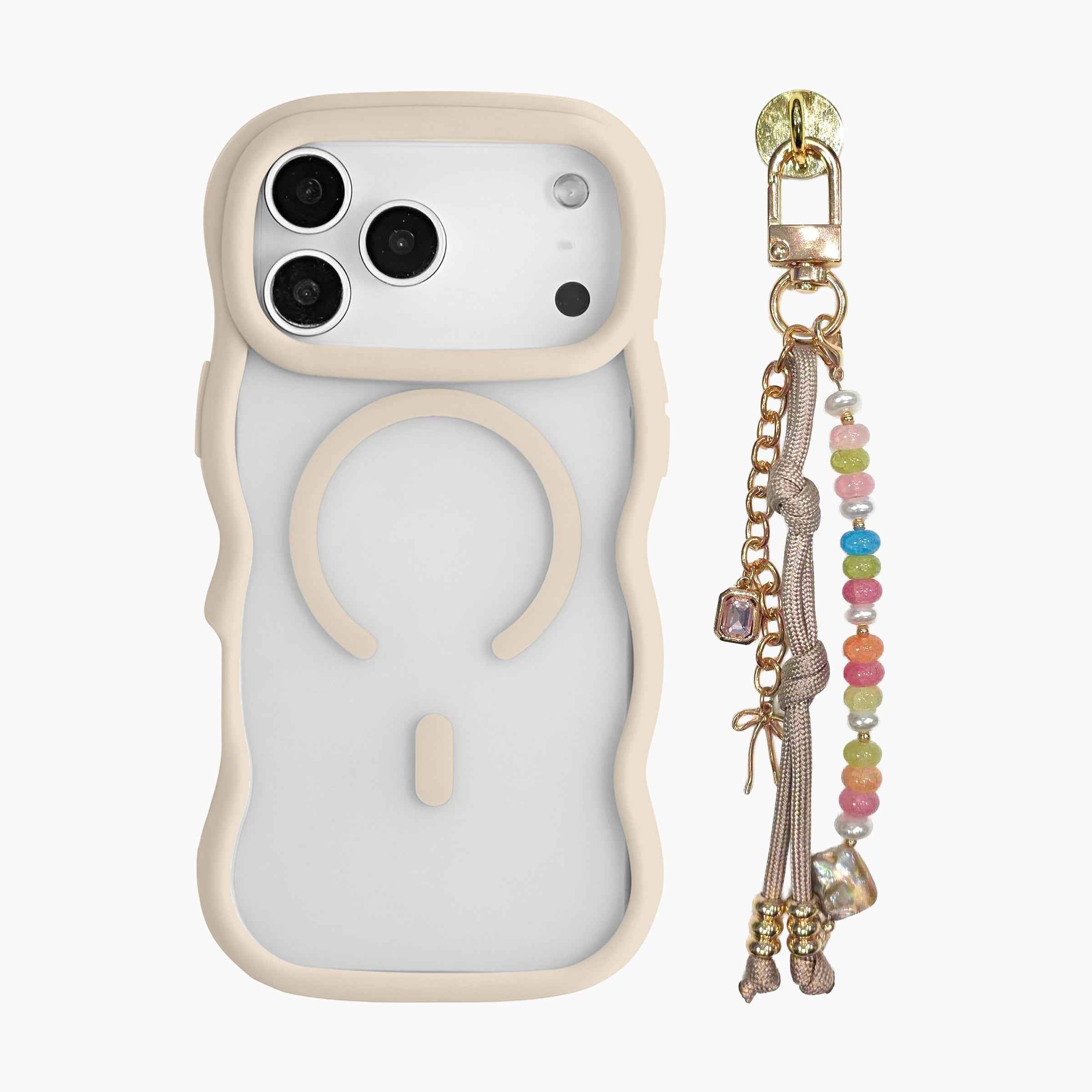 Cotton MagSafe Compatible Clear Case for iPhone 17 Pro Max - Creamy Beige with Phone Charm Mystic Bloom