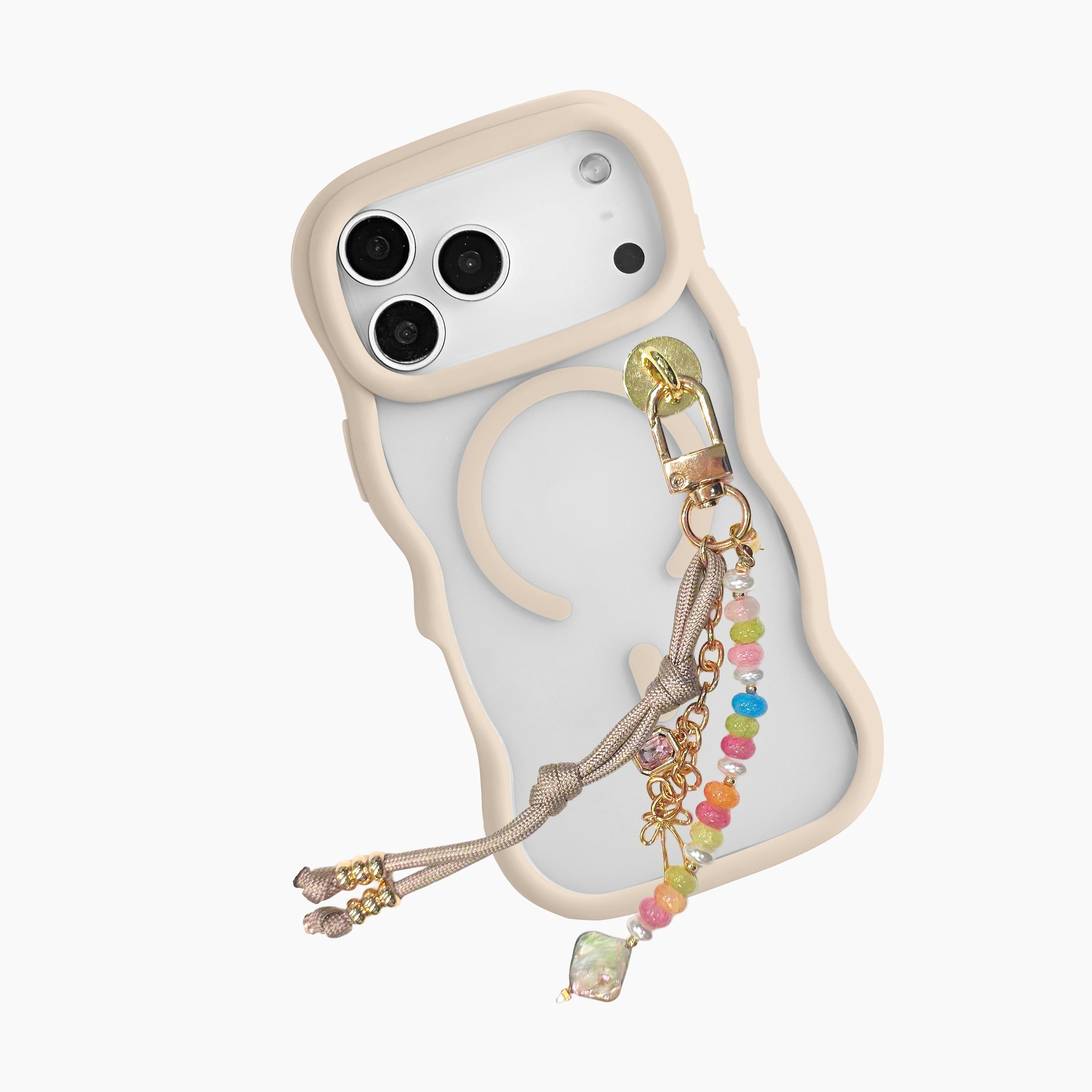 Beige wavy MagSafe phone case with attached colorful beaded charm strap and gold chain details