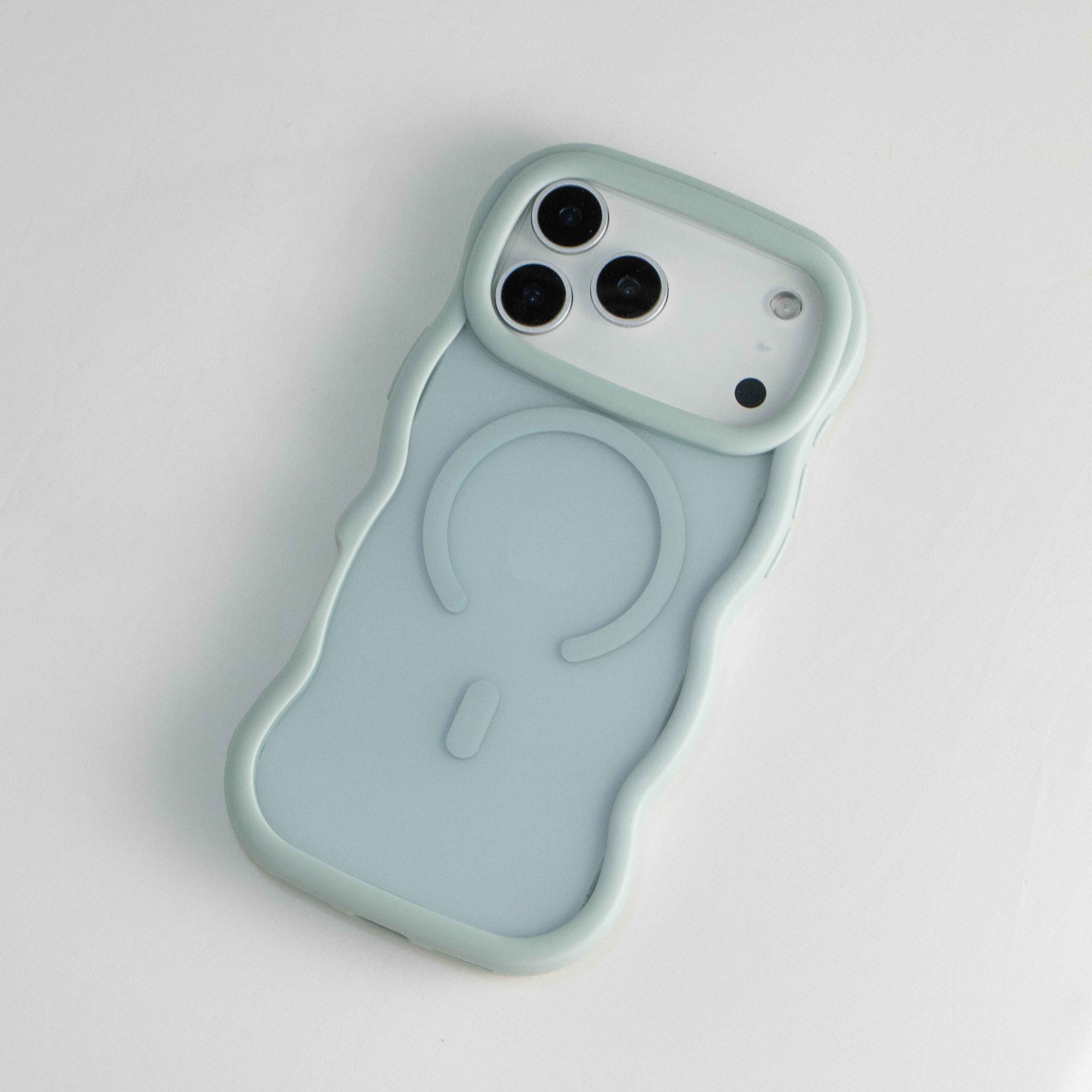 Light Blue Wavy MagSafe Compatible Phone Case for iPhone 17 Pro Max with a soft matte finish, protective bumper frame, and magnetic charging compatibility