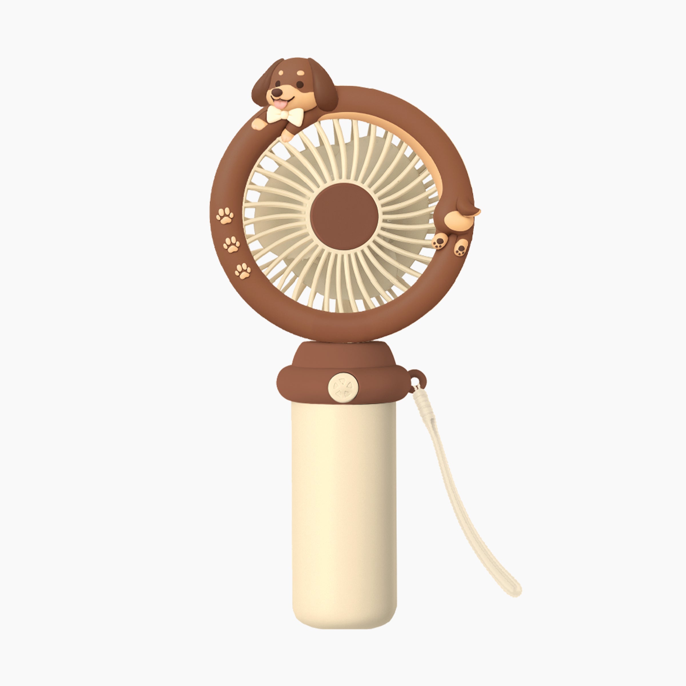 Artikl Portable Dachshund Handheld Fan with Wristlet Strap in Brown, dachshund-shaped fan with paw print details and cream wristlet strap
