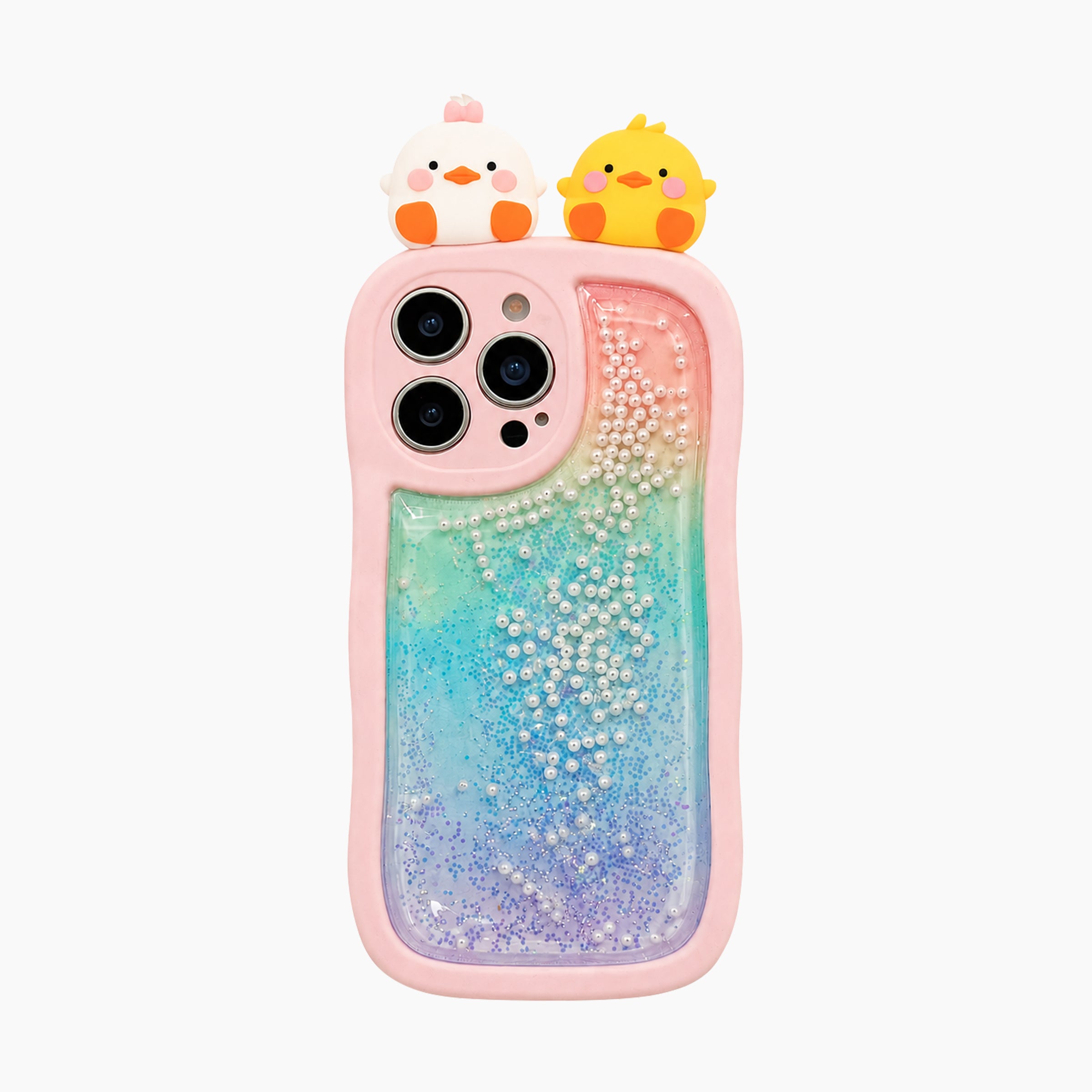 Pink gradient glitter phone case with pearl details and cute duck phone toppers