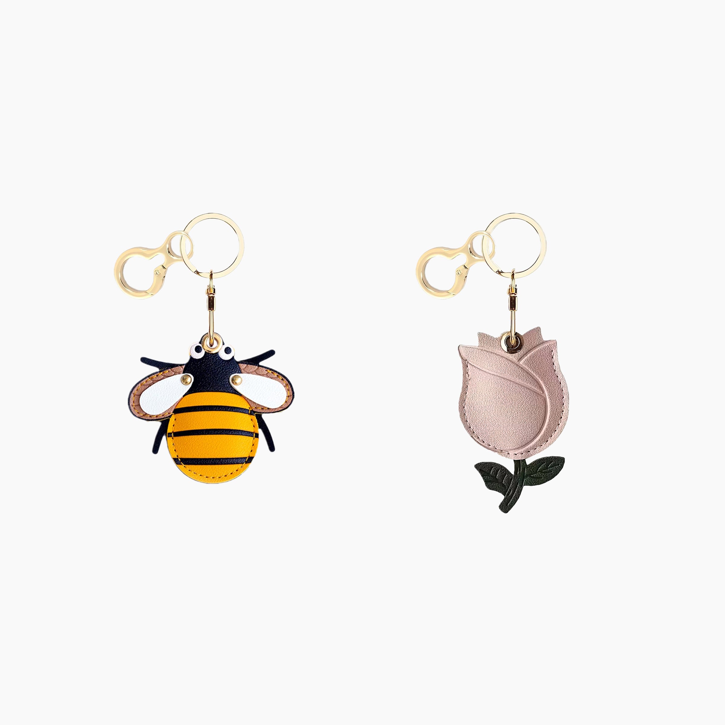 Bee and tulip leather AirTag holder keychain set with gold key rings and floral details