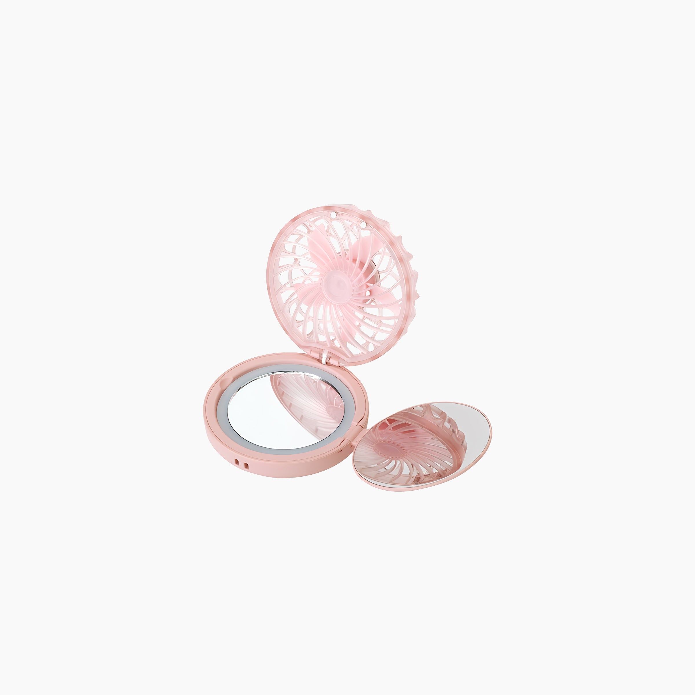 Artikl Foldable Dual Mirror Handheld Fan with Ring Light & Charm Strap in Pink, opened showing dual mirror and cooling fan