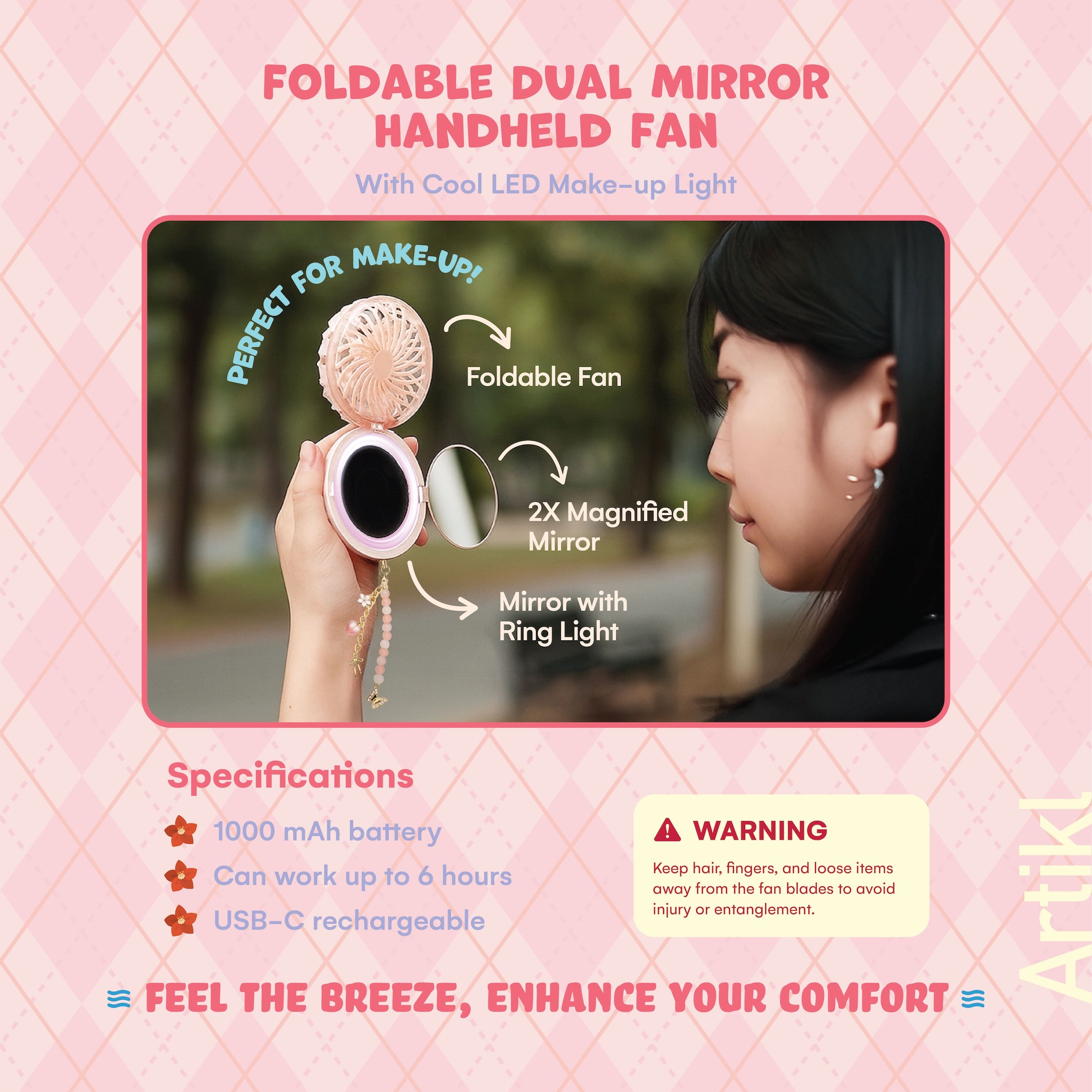 Foldable Dual Mirror Handheld Fan feature guide featuring foldable fan, 2X magnified mirror, and mirror with ring light for on-the-go makeup touch-ups