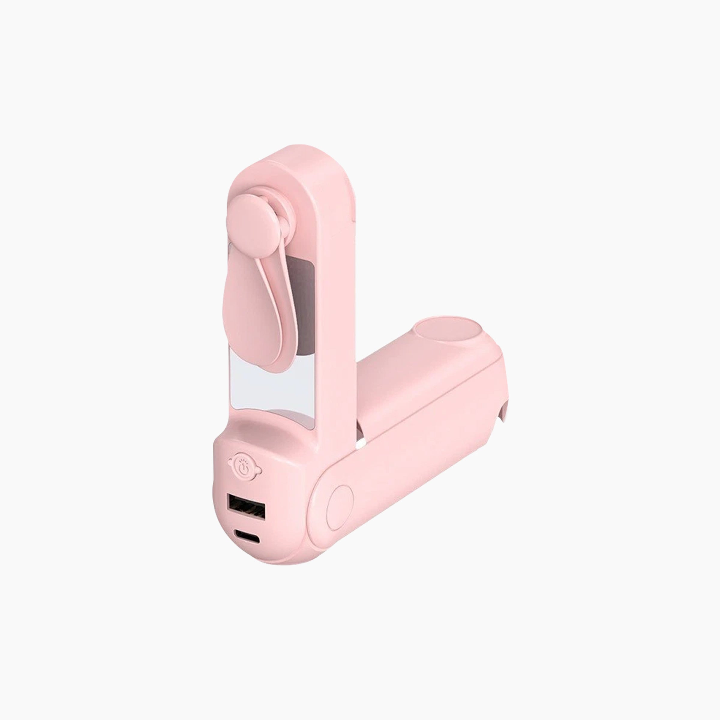 Artikl Foldable Handheld Fan with Mirror, LED Light & Portable Charger in Pink, angled view showing fan, mirror, and power bank body