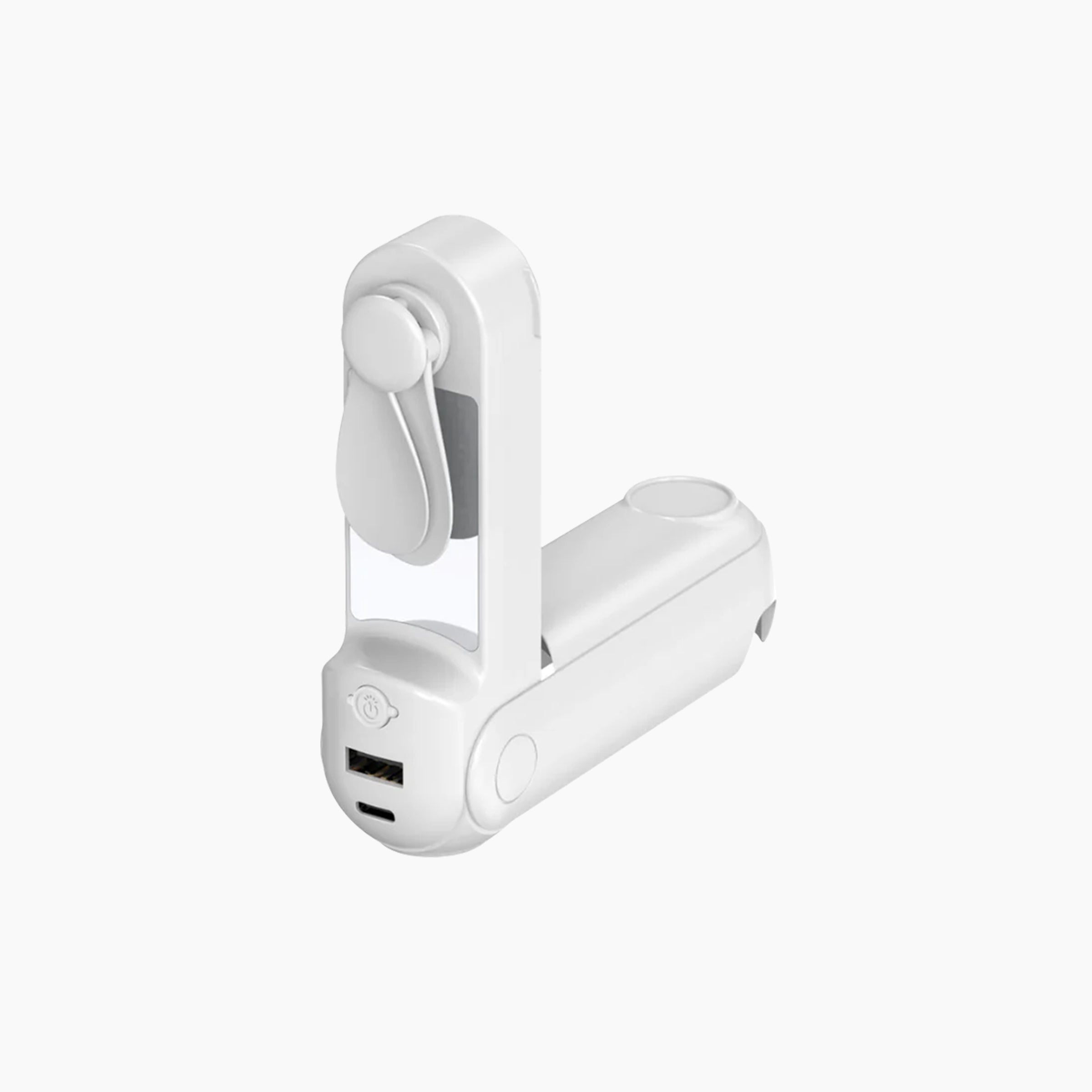 Artikl Foldable Handheld Fan with Mirror, LED Light & Portable Charger in White, angled view showing fan, mirror, and power bank body