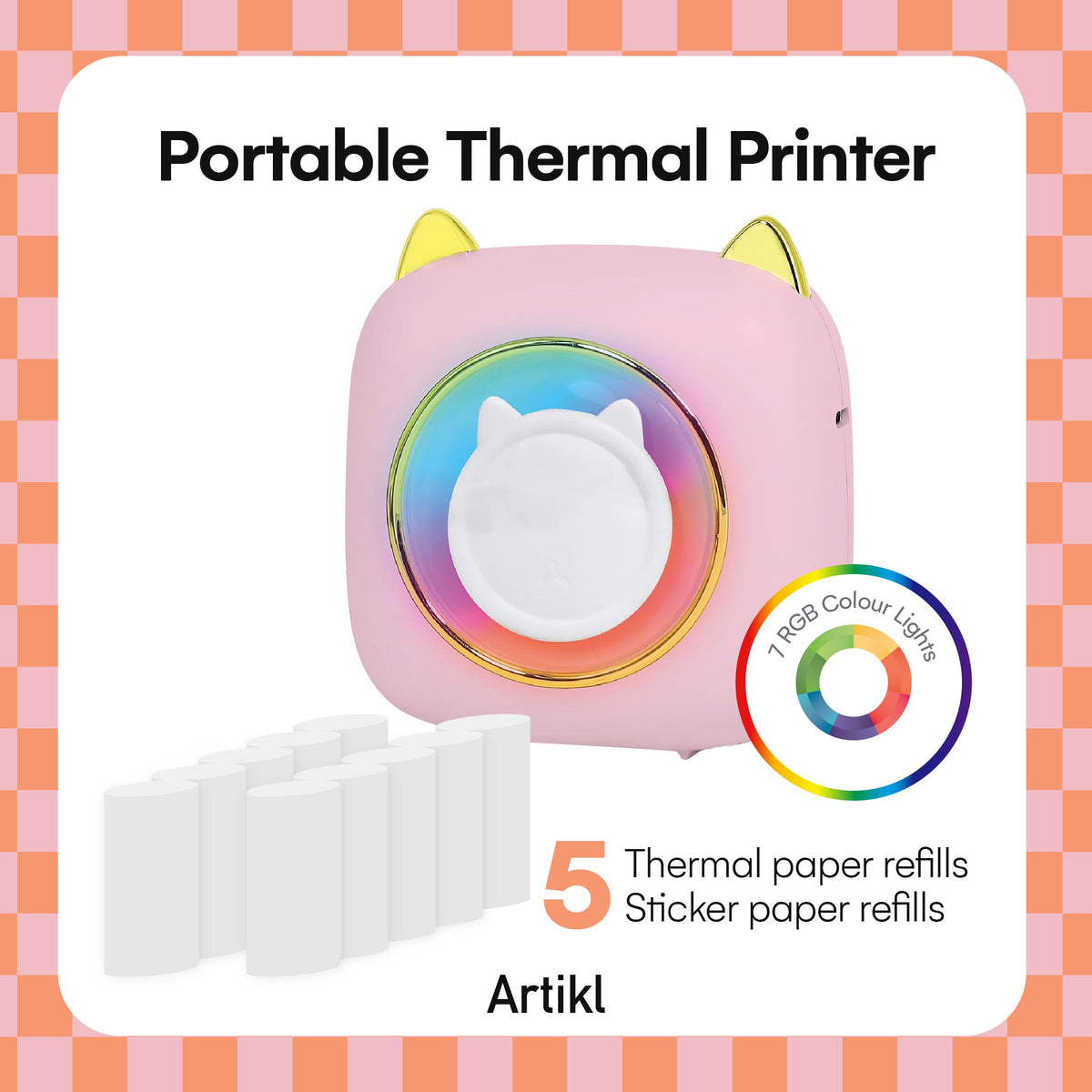Artikl Pink Kitty Portable Thermal Printer package contents featuring the printer, 5 thermal paper refills, and 5 sticker paper refills