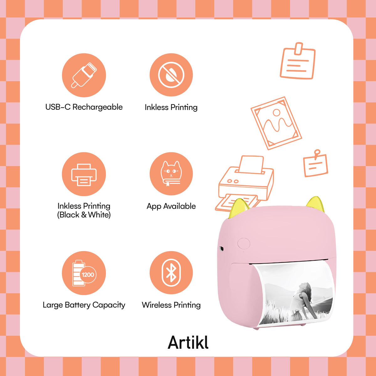 Artikl Pink Kitty Portable Thermal Printer feature guide featuring USB-C charging, inkless printing, wireless printing, app support, and large battery capacity