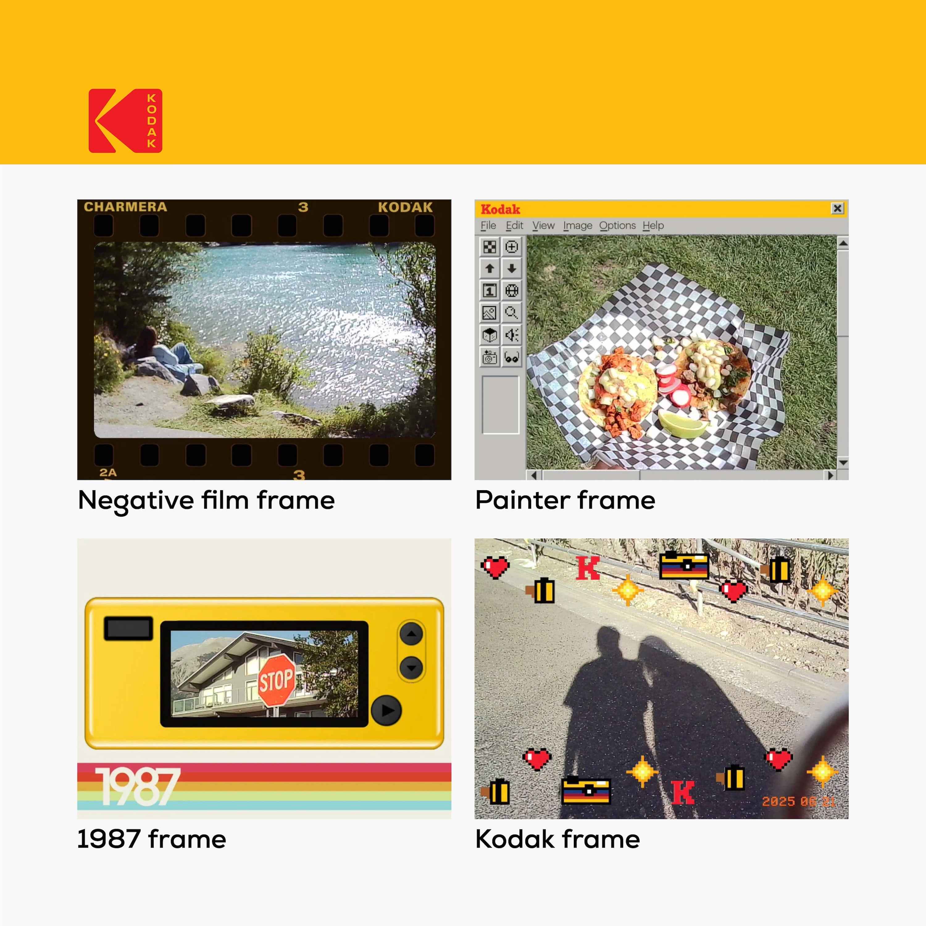 Kodak Charmera digital camera frame effects guide featuring negative film frame, painter frame, 1987 retro frame, and Kodak-themed photo overlays