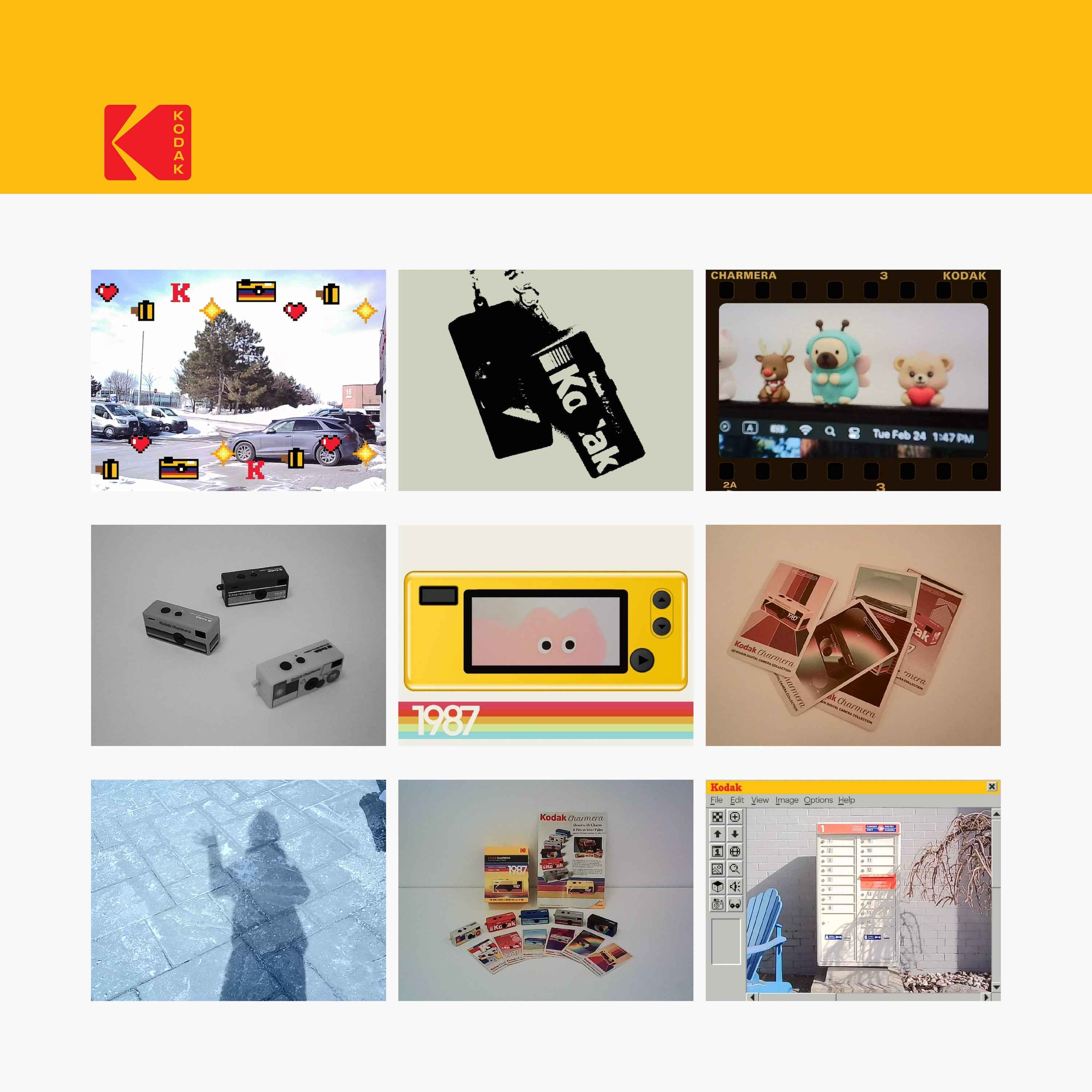 Kodak Charmera digital camera inspiration board showcasing sample photos, creative photography ideas, collectible camera designs, and retro-inspired aesthetic concepts