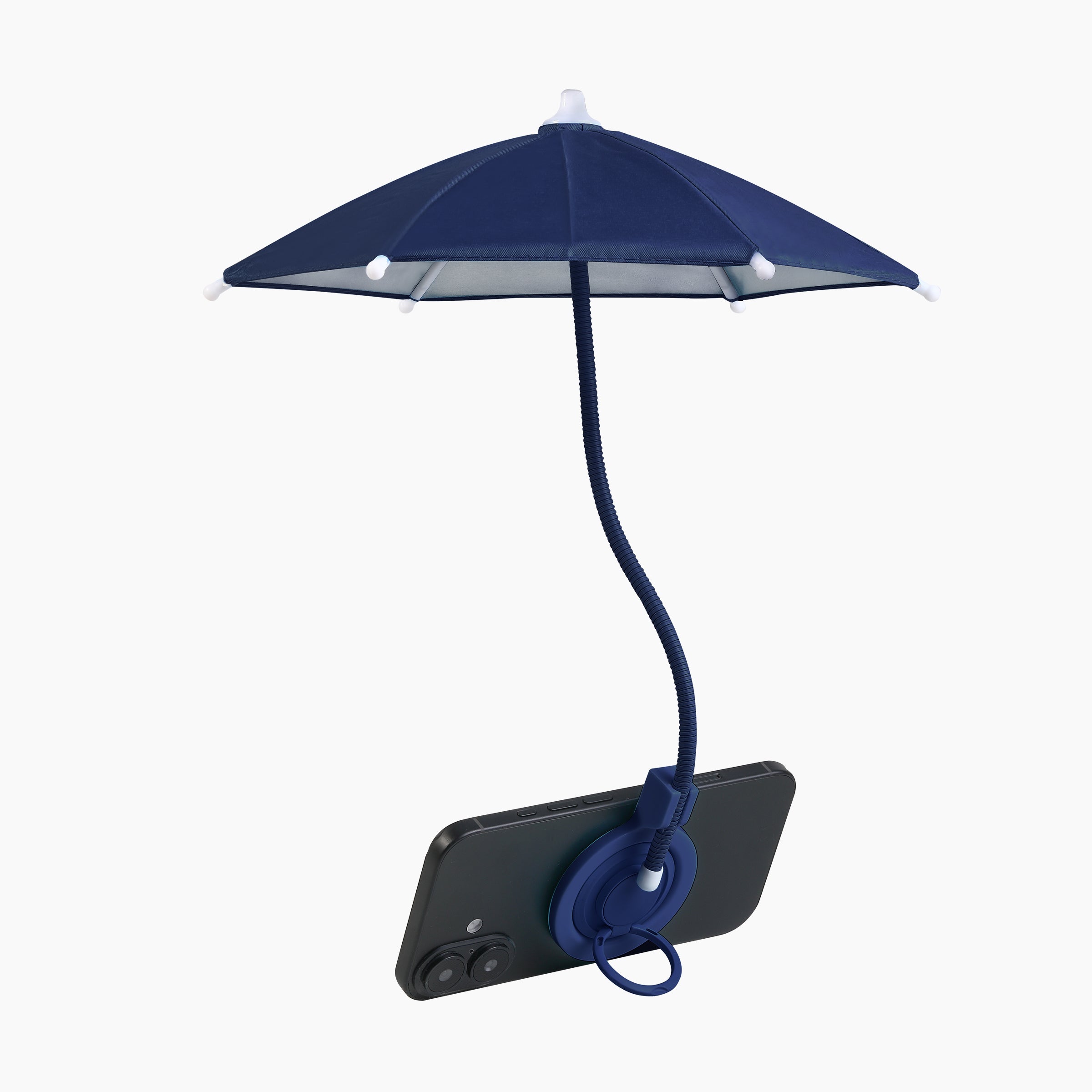Artikl Magnetic Phone Umbrella for Sun in Navy Blue, angled view attached to phone