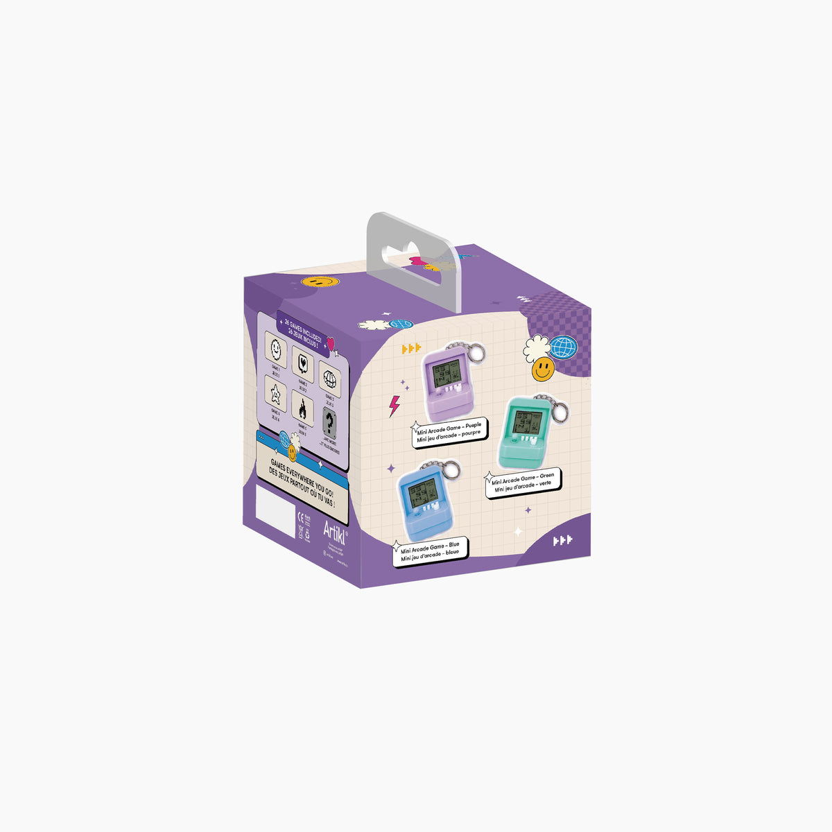 Mini Arcade Game Keychain Blind Box - 26 Retro Games packaging, side view showing the purple box with carry handle and game details