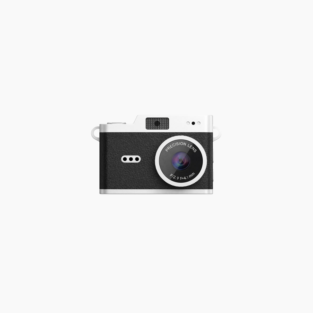 Artikl Mini Keychain Camera – Retro Digital Camera with Neck Chain in Black, close-up of the chrome trim and precision lens design