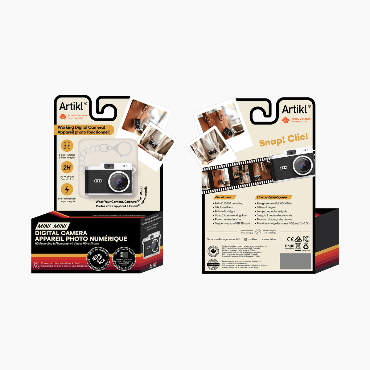 Artikl Mini Keychain Camera gift box packaging, back view showing product details and feature callouts