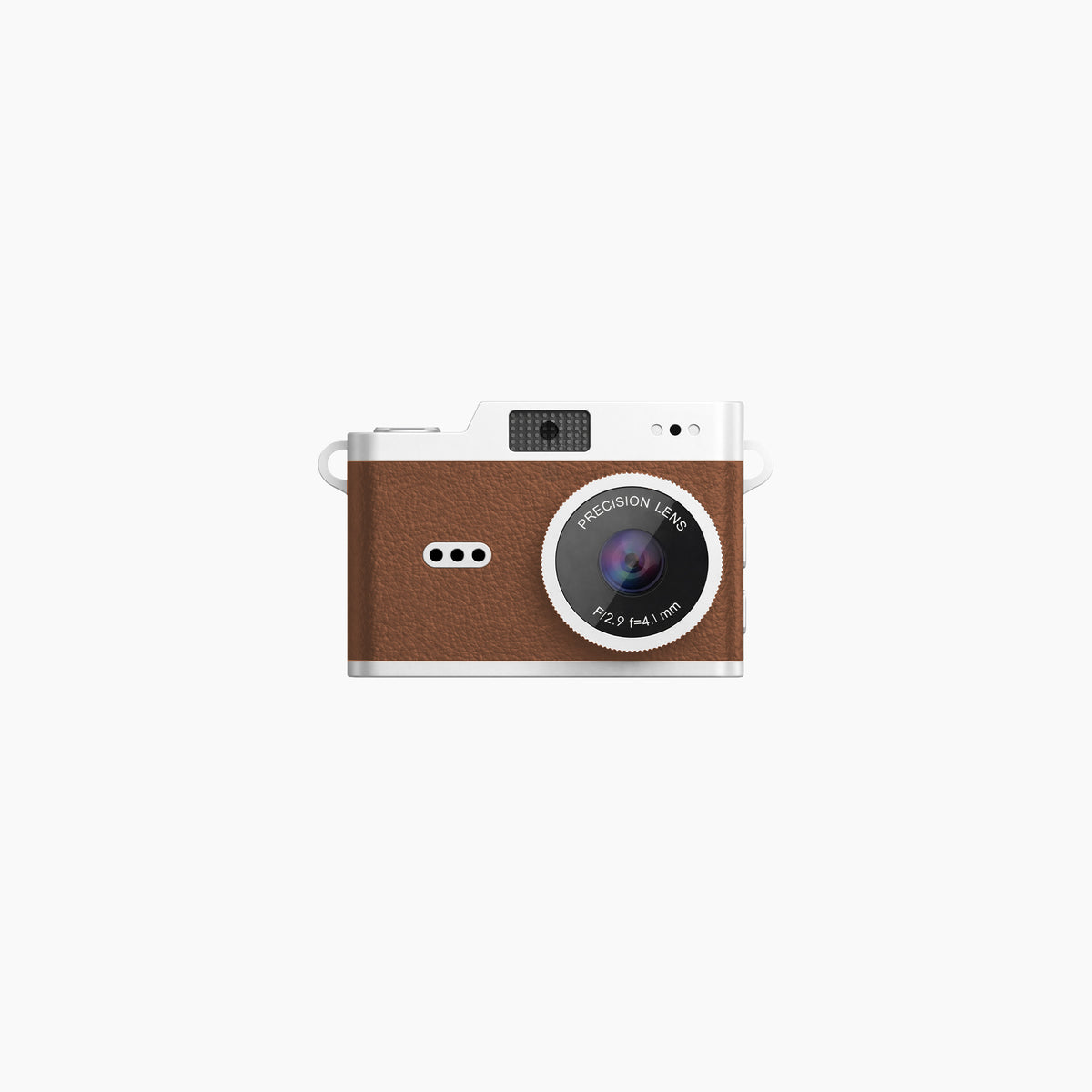 Artikl Mini Keychain Camera – Retro Digital Camera with Neck Chain in Camel Brown with faux-leather wrapped body, chrome trim, and included neck chain