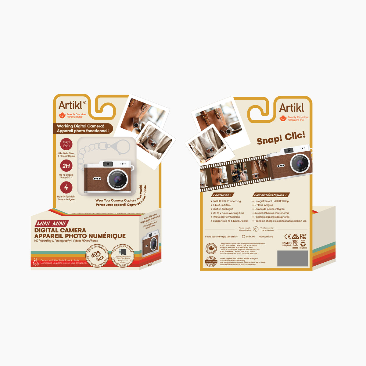 Artikl Mini Keychain Camera gift box packaging, front and side view featuring product photography and Snap! Click branding