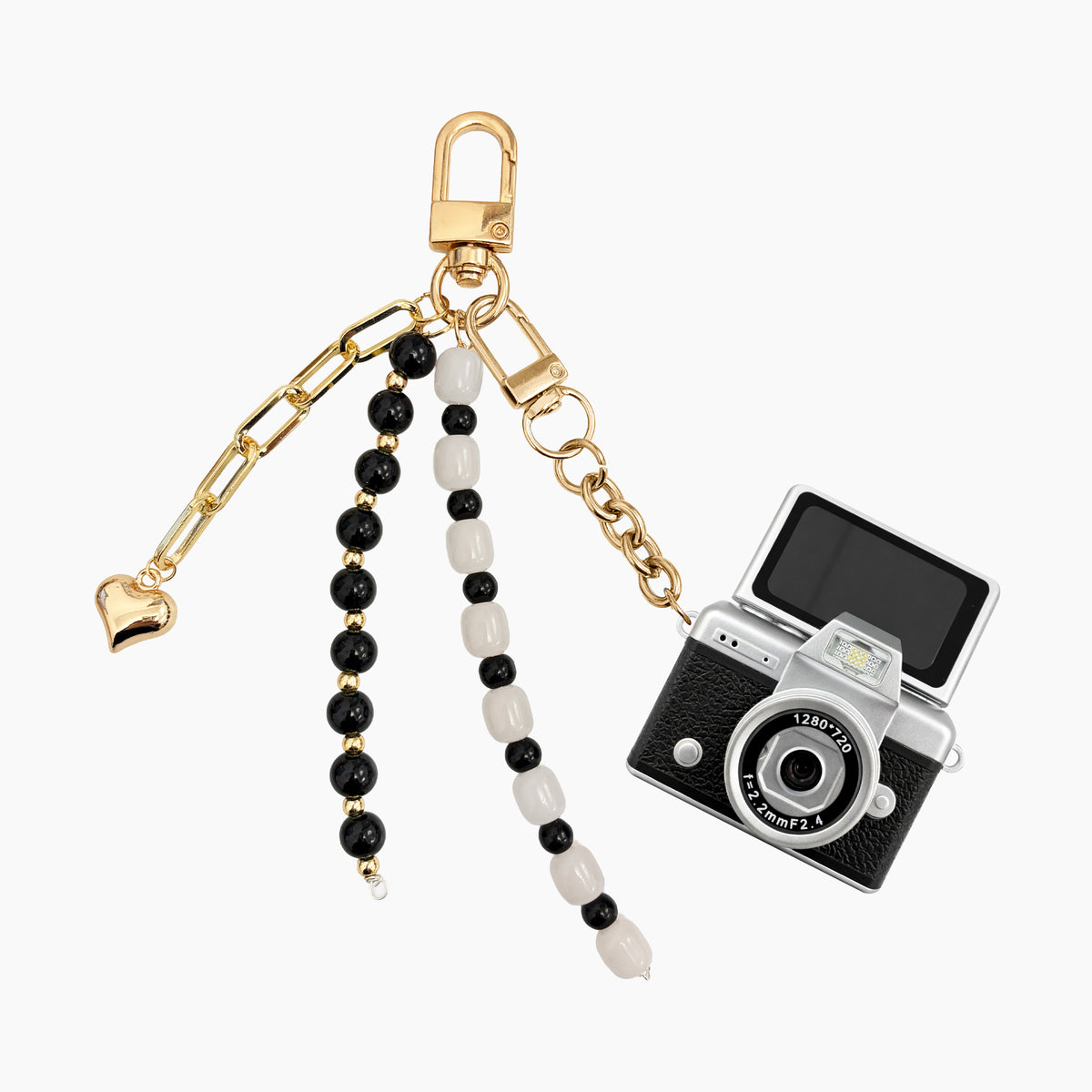 Artikl Mini Retro Keychain Digital Camera Charm with Foldable Selfie Screen & 1GB SD Card in Black with black and white beaded heart charm tassel