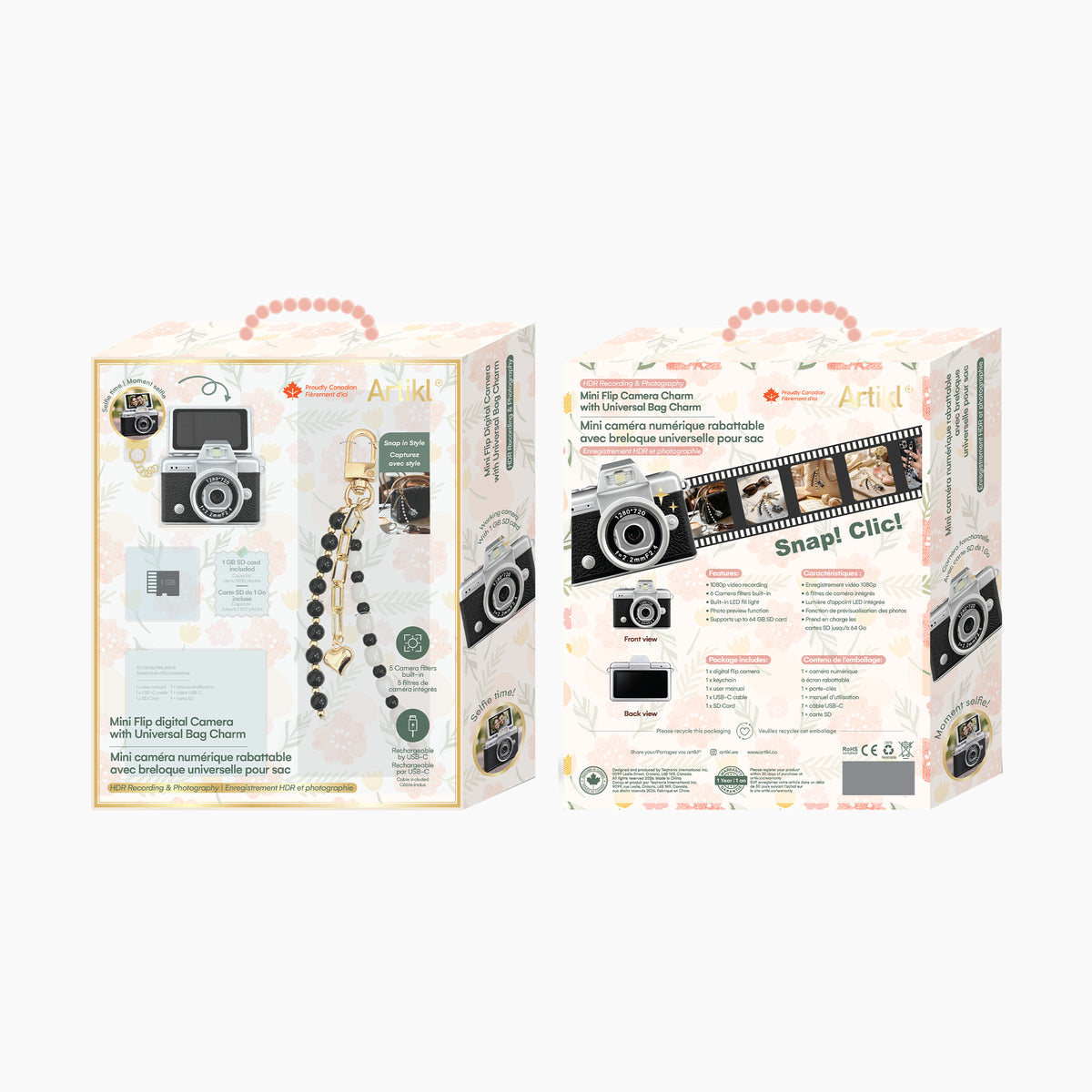 Artikl Mini Retro Keychain Digital Camera Charm gift box packaging, back view showing product details and features in English
