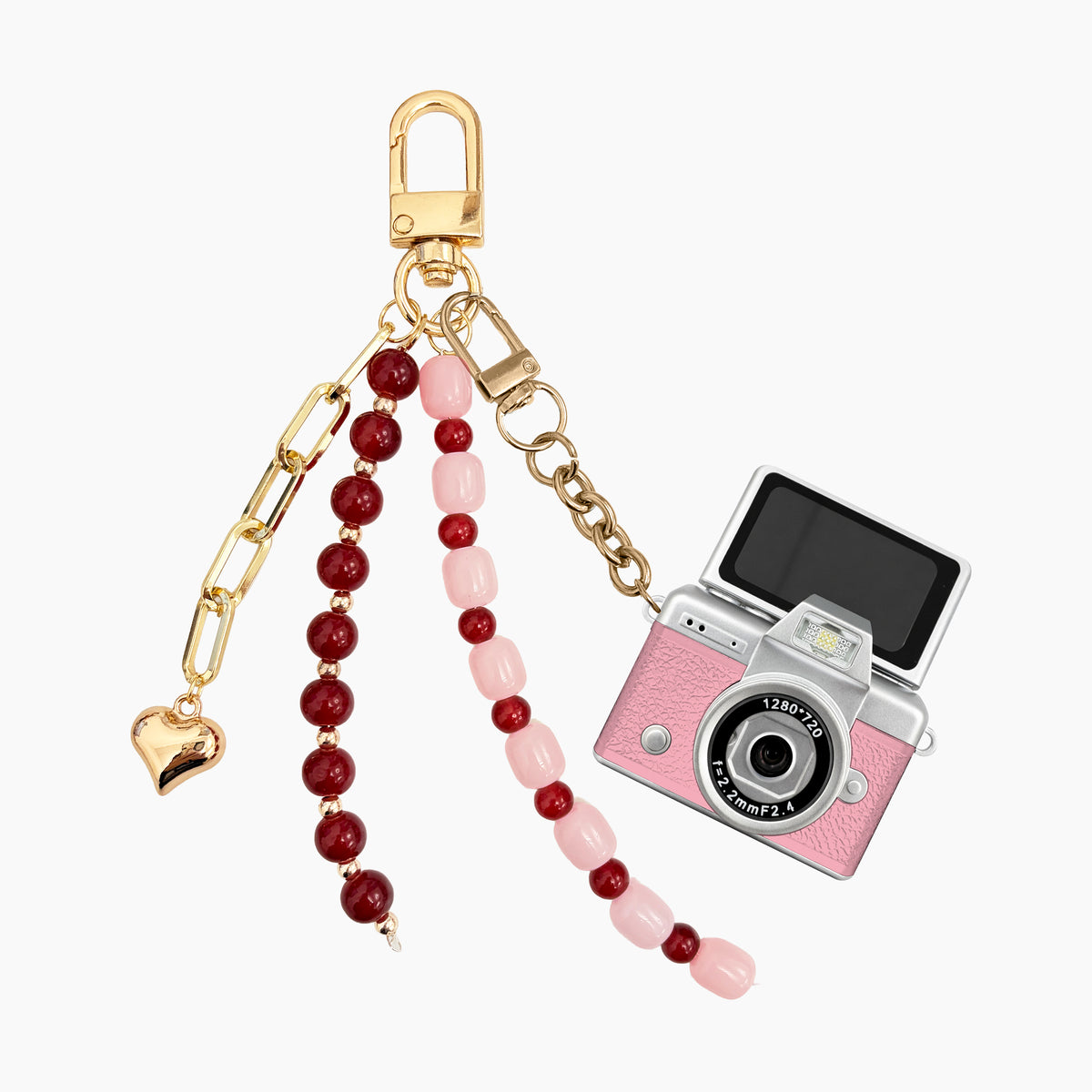Artikl Mini Retro Keychain Digital Camera Charm with Foldable Selfie Screen & 1GB SD Card in Blush Pink with beaded heart charm tassel