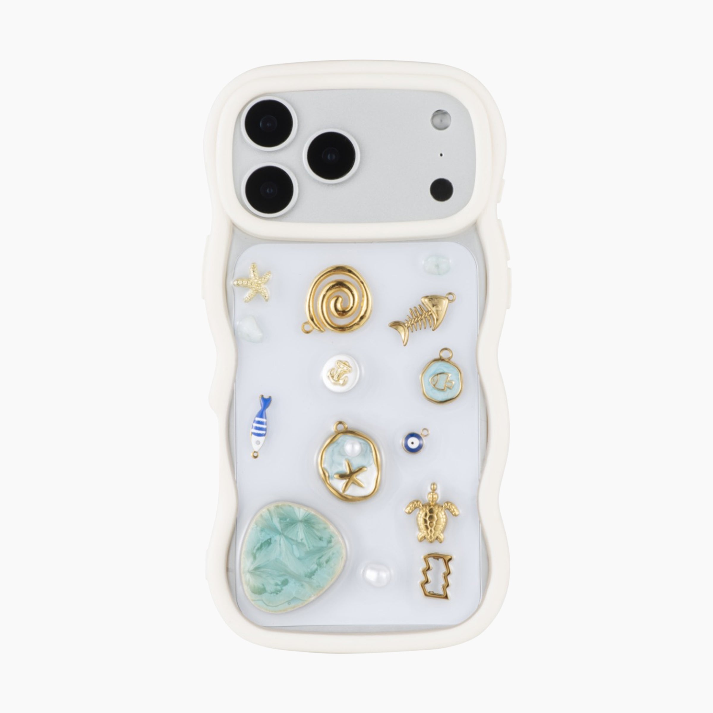 Cream Wavy Ocean-Themed MagSafe Compatible Case for iPhone 17 Pro Max Featuring Gold Sea Charms and Coastal-Inspired Details
