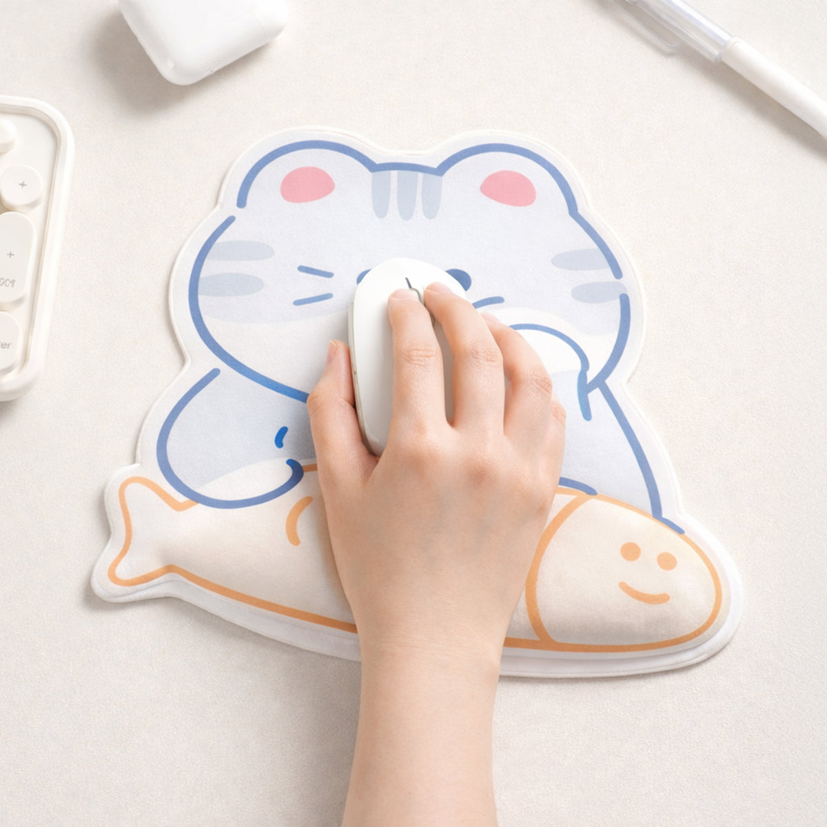 Padded Mouse Pad with Cotton Foam Wrist Rest - Cat & Fish