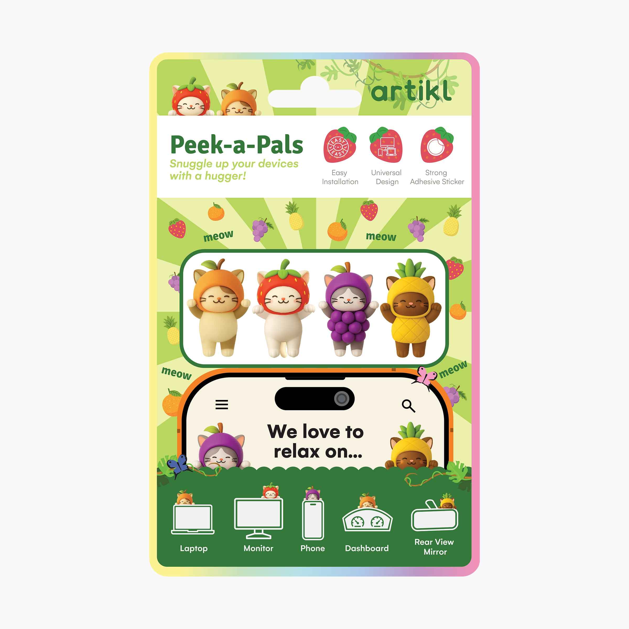 Peek-a-Pals fruit cat collection packaging featuring orange, strawberry, grape, and pineapple kitten accessories for phones, laptops, dashboards, and mirrors