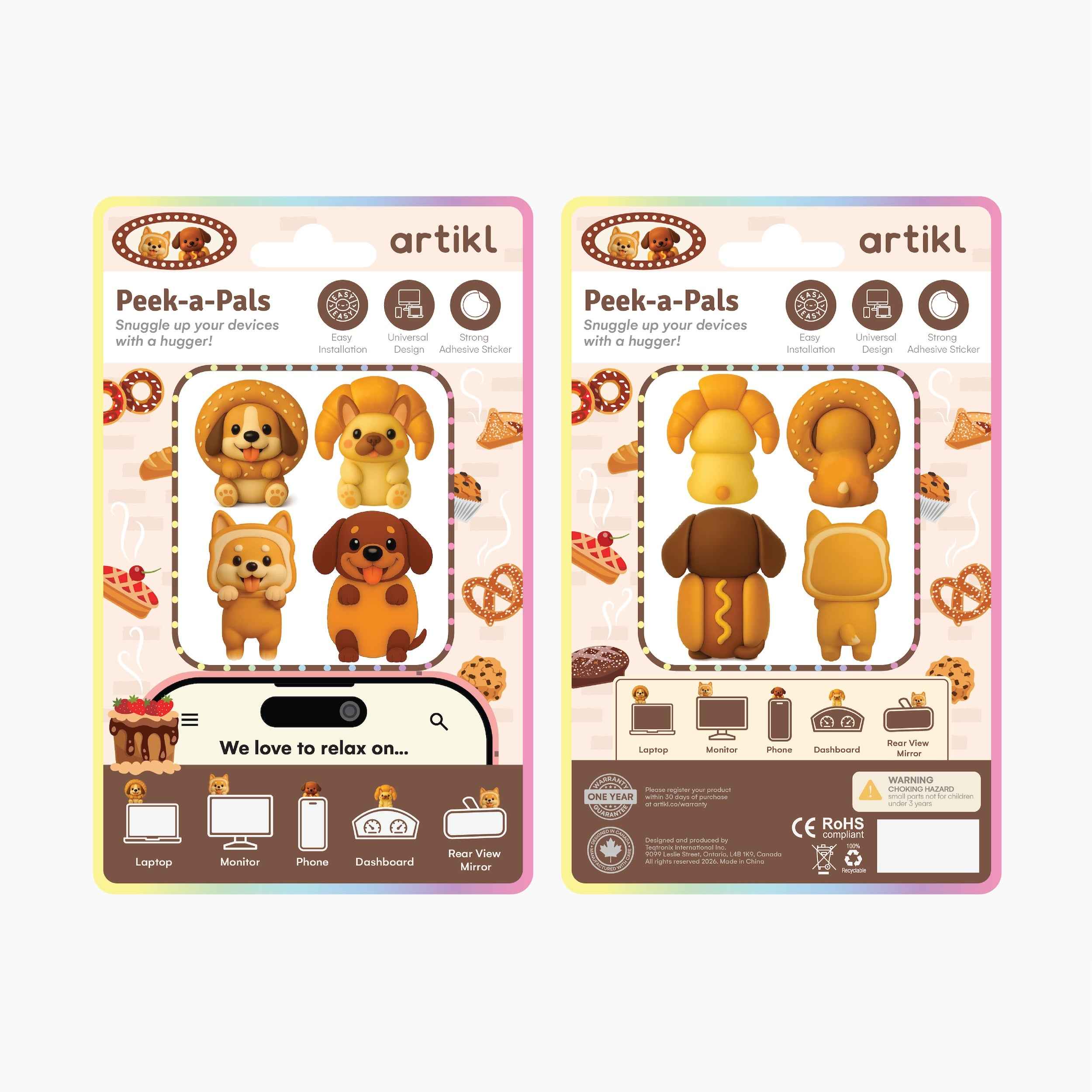 Peek-a-Pals dog lover collection packaging featuring croissant puppy, hot dog puppy, corgi, and dachshund character accessories