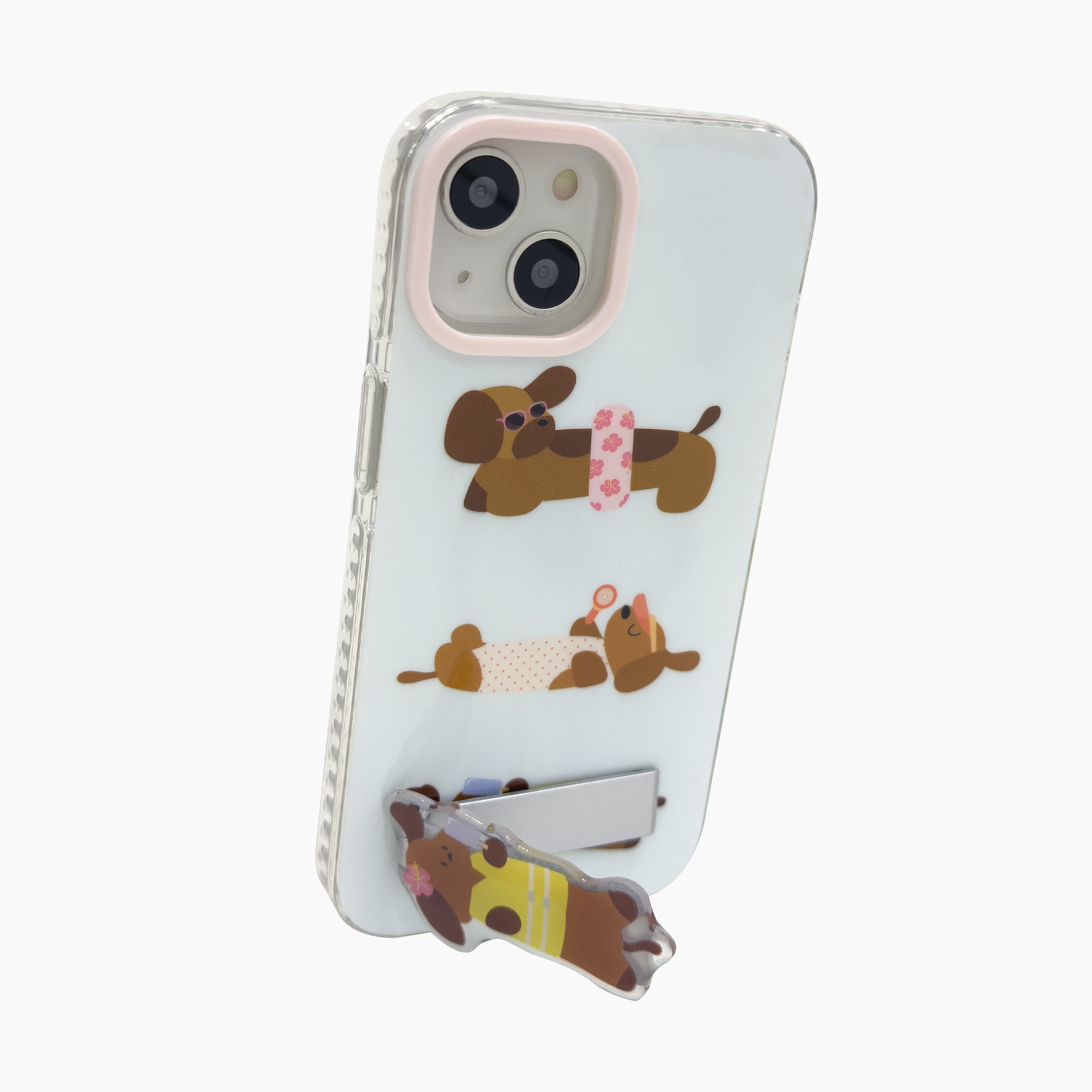 Phone case with dachshund illustrations on a light blue background