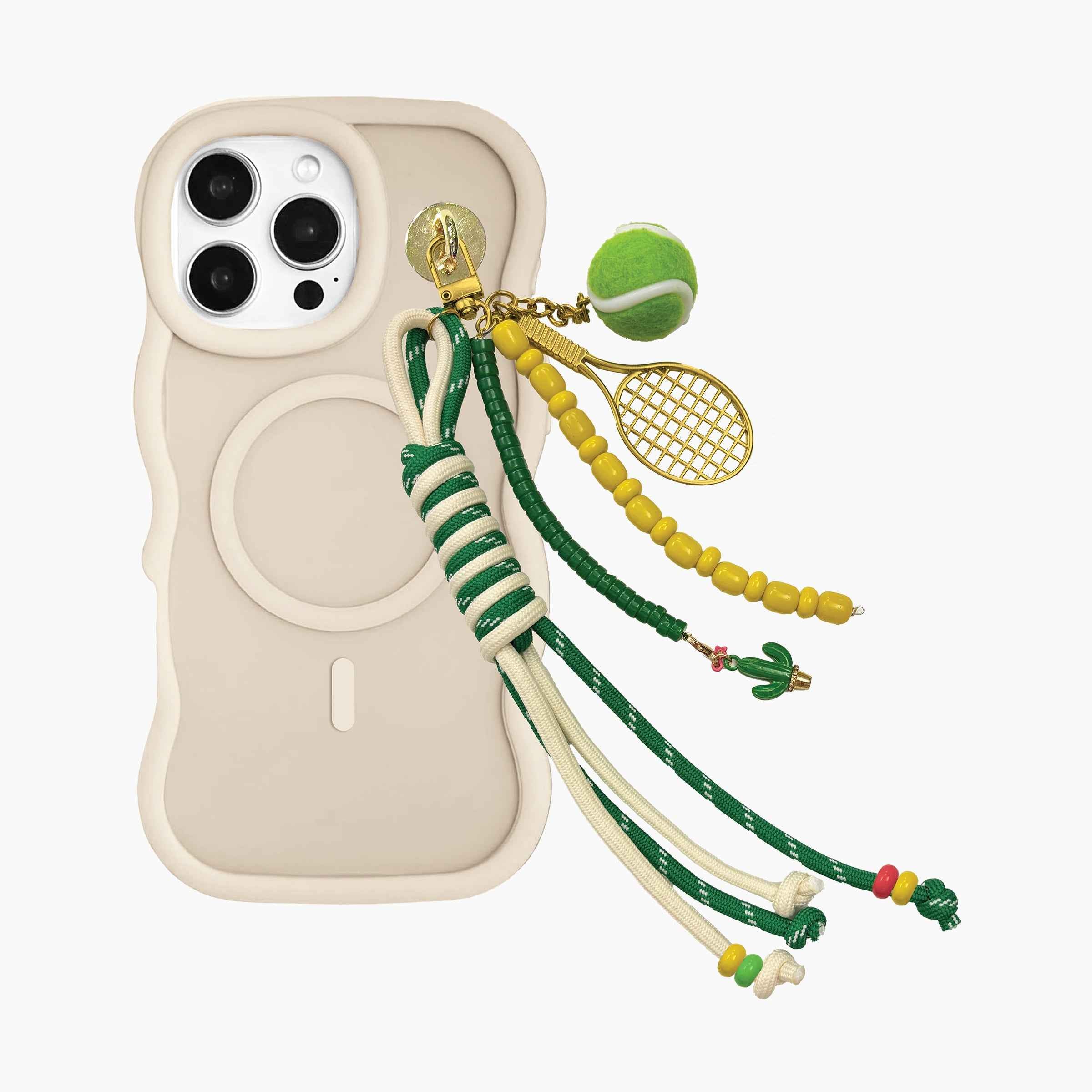 Tennis-themed phone wristlet attached to MagSafe phone case featuring tennis ball charm, racket pendant, colorful beads, and adjustable rope strap