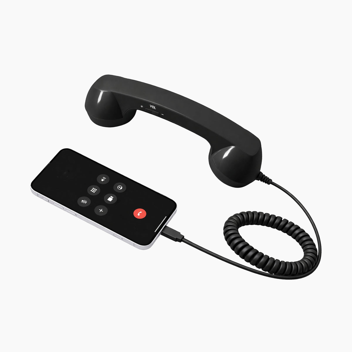 Artikl USB-C Retro Phone Handset with Coil Cord – Glossy Finish in Black, plugged into a smartphone via USB-C during an active call