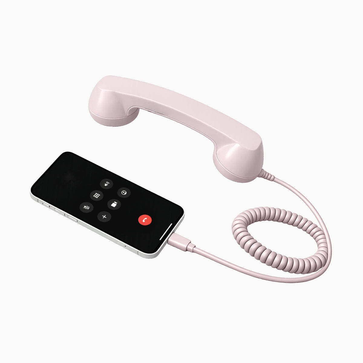 Artikl USB-C Retro Phone Handset with Coil Cord – Glossy Finish in Pink, plugged into a smartphone via USB-C during an active call