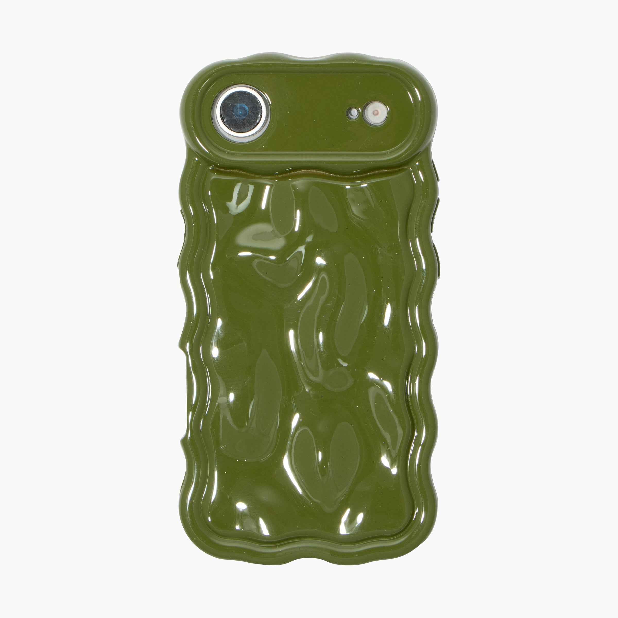 iPhone 17 Air Olive Green Wavy Gloss Phone Case featuring a sculpted ripple-edge design, glossy finish, and minimalist protective style