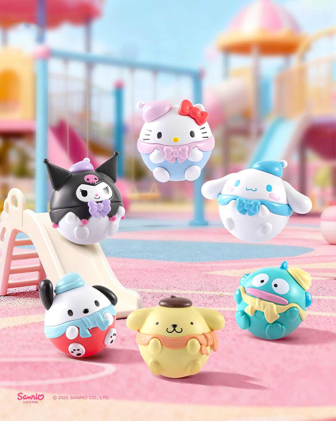 Sanrio Round Chubby Bean blind box characters in a colourful playground scene