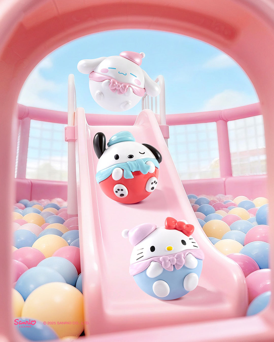 Sanrio Round Chubby Bean collectible figures in a playful slide scene