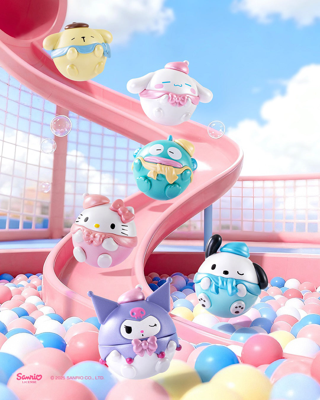 Sanrio Round Chubby Bean characters displayed in a colourful collection scene