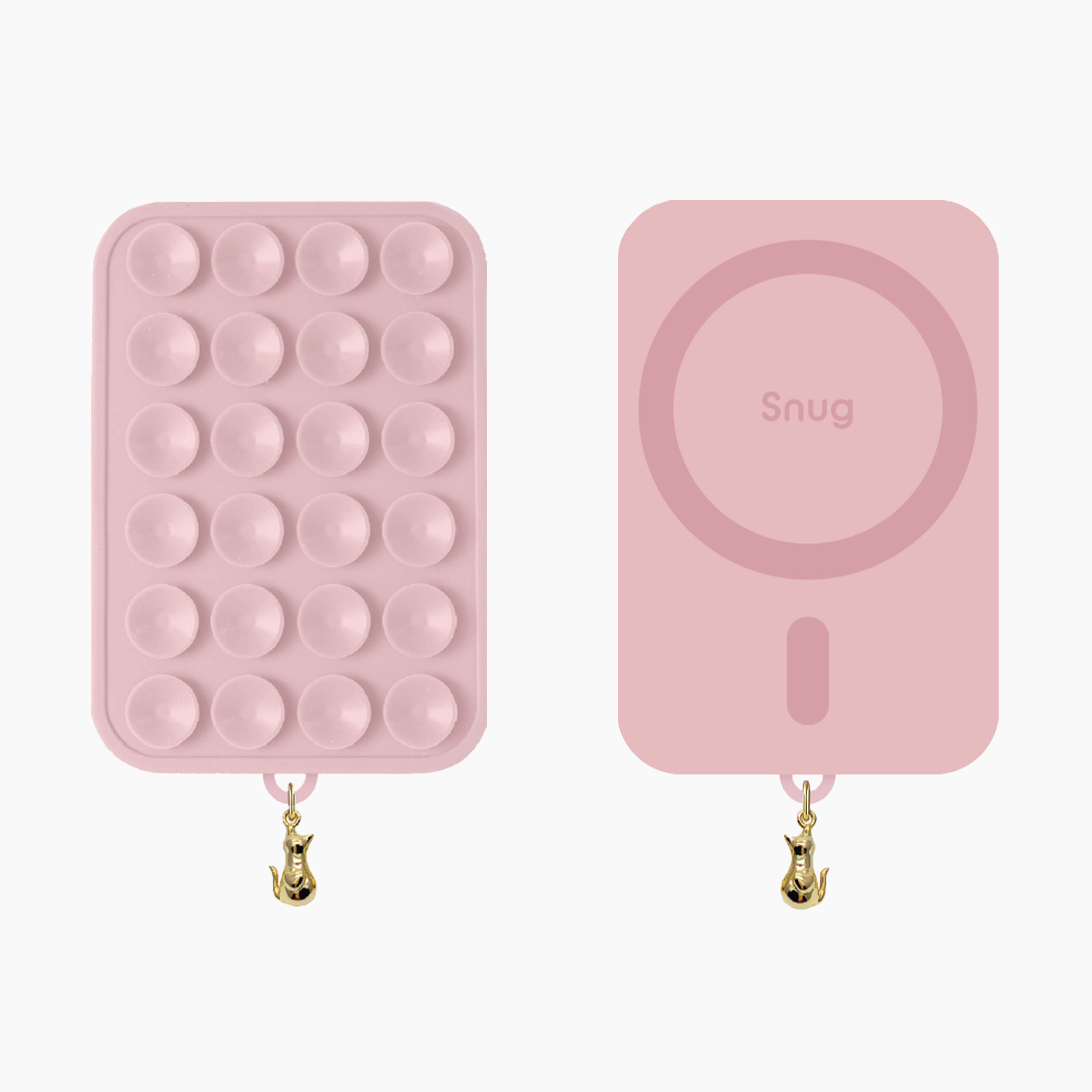 Artikl Snug Magnetic Phone Grip with Cat Charm in Blush Pink, front and back view showing textured grip pad and Snug MagSafe ring