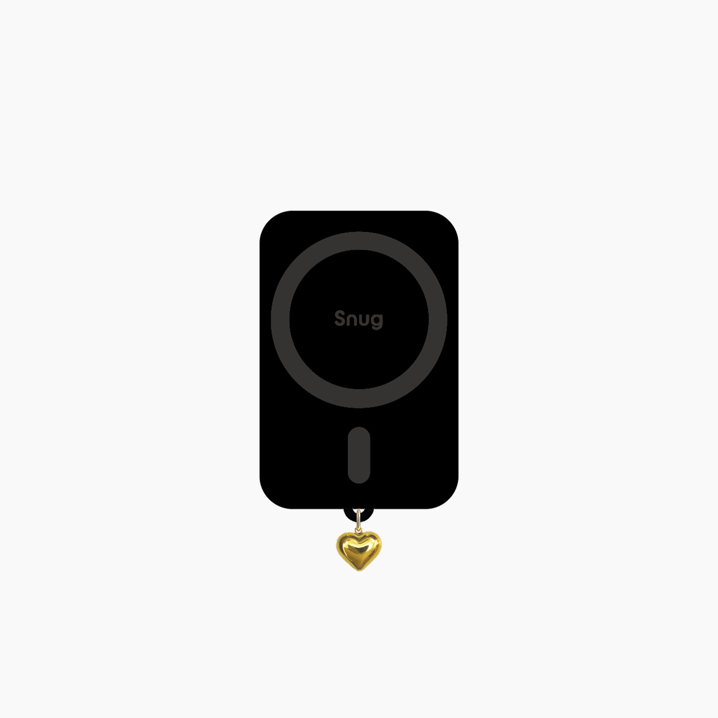 Artikl Snug Magnetic Phone Grip with Gold Heart Charm in Black, back view showing Snug MagSafe ring