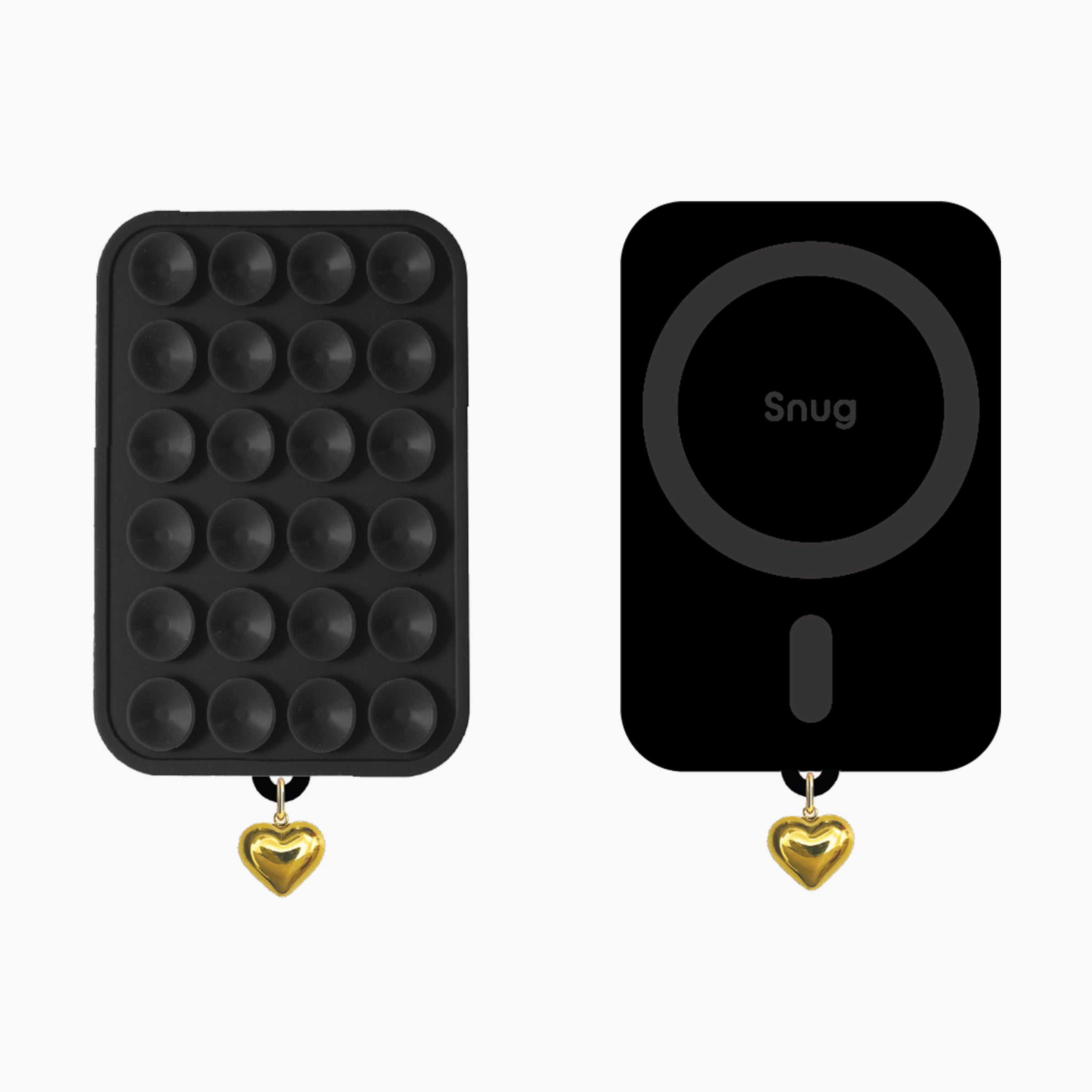 Artikl Snug Magnetic Phone Grip with Gold Heart Charm in Black, front and back view showing textured grip pad and Snug MagSafe ring
