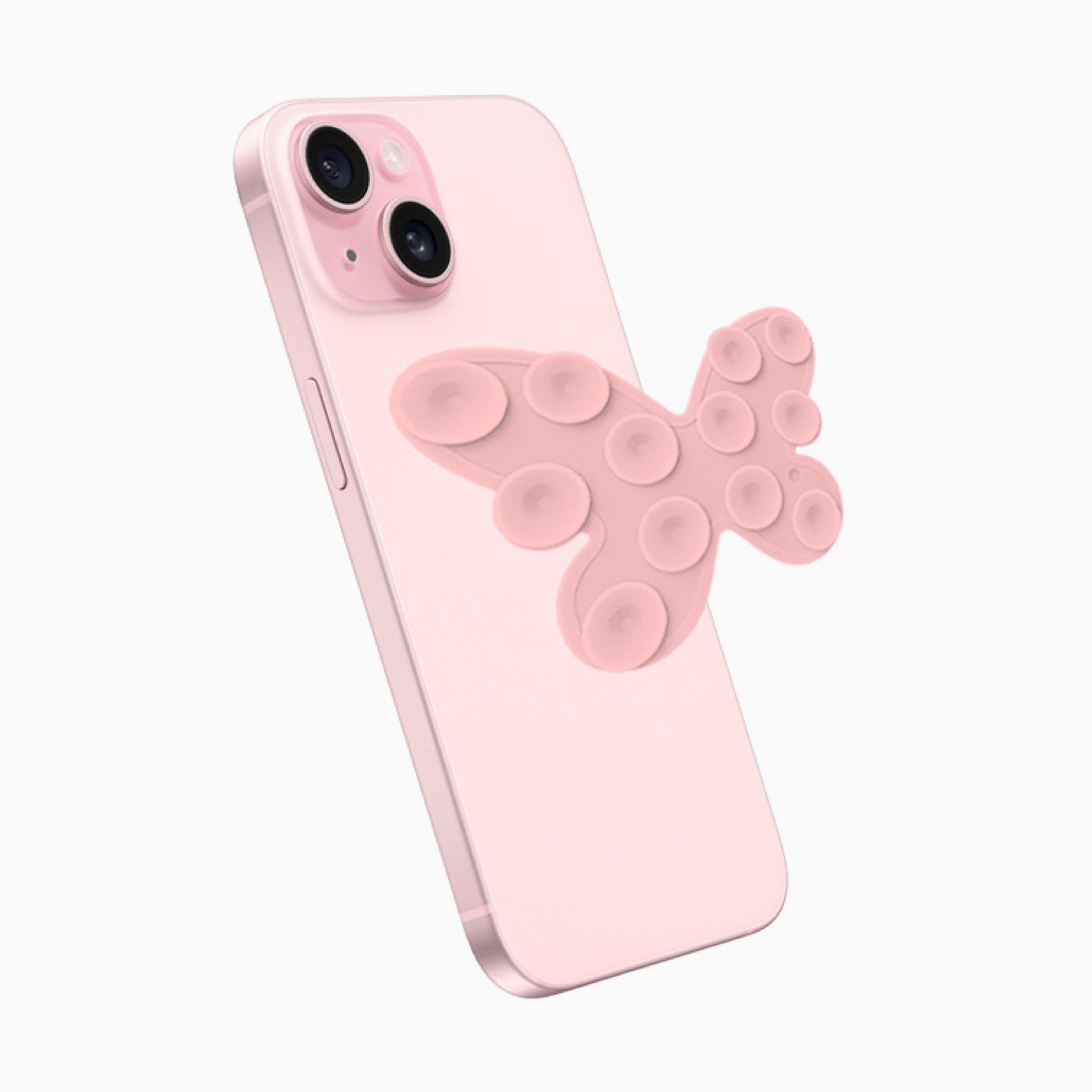 Pink butterfly suction phone grip attached to smartphone with reusable suction cup design