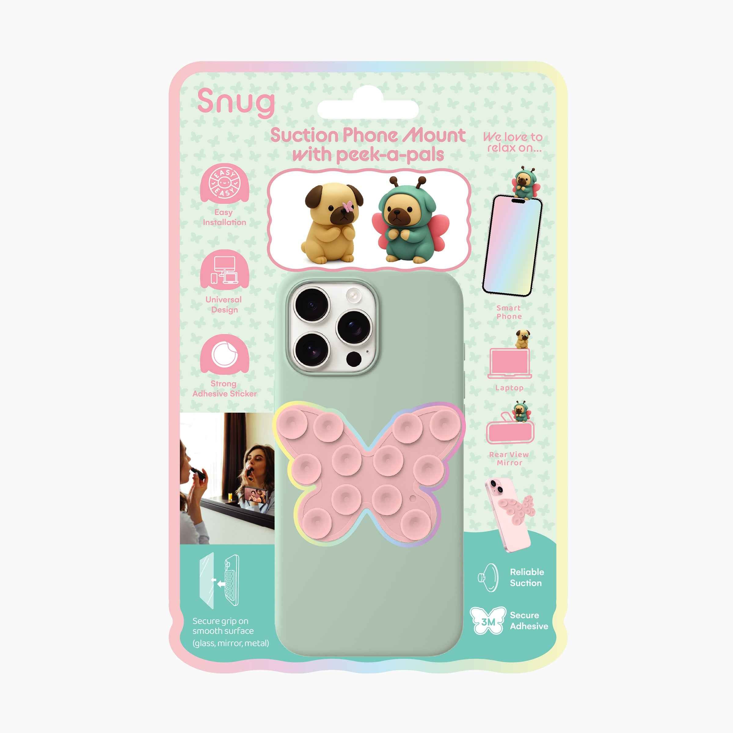 Snug butterfly-shaped suction phone mount with Peek-a-Pals puppy accessories and multi-surface suction design for phones, laptops, and mirrors